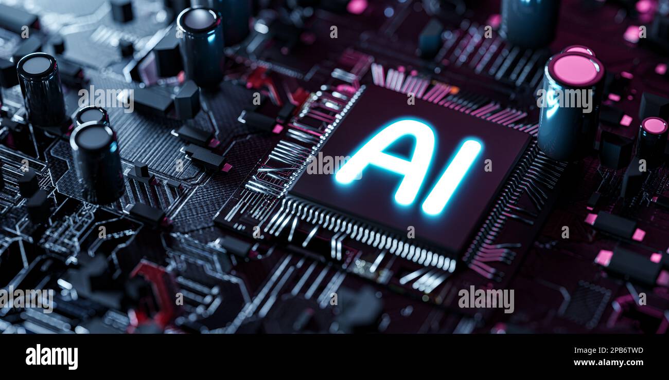 Prozessor mit leuchtendem KI-Logo – künstliche Intelligenz auf einer Leiterplatte – die Zukunft der Computertechnologie und Maschinenautomatisierung – 3D Illustra Stockfoto