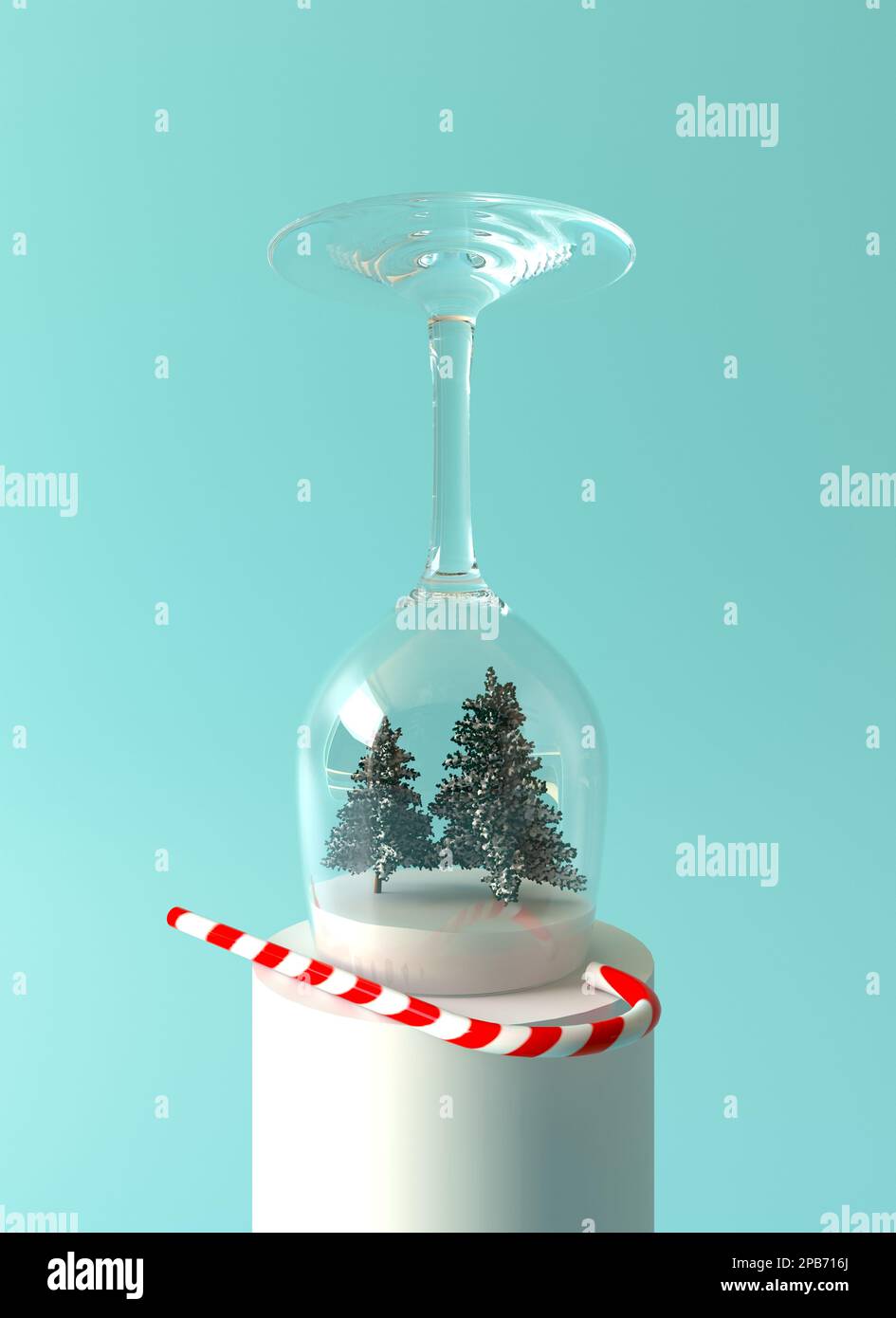 Eine ungewöhnliche Schneekugel aus Weihnachtsglas. Kreatives Konzept der Weihnachtsdekoration. Ein Glas mit Schnee und Spielzeug-Weihnachtsbäumen drinnen Stockfoto
