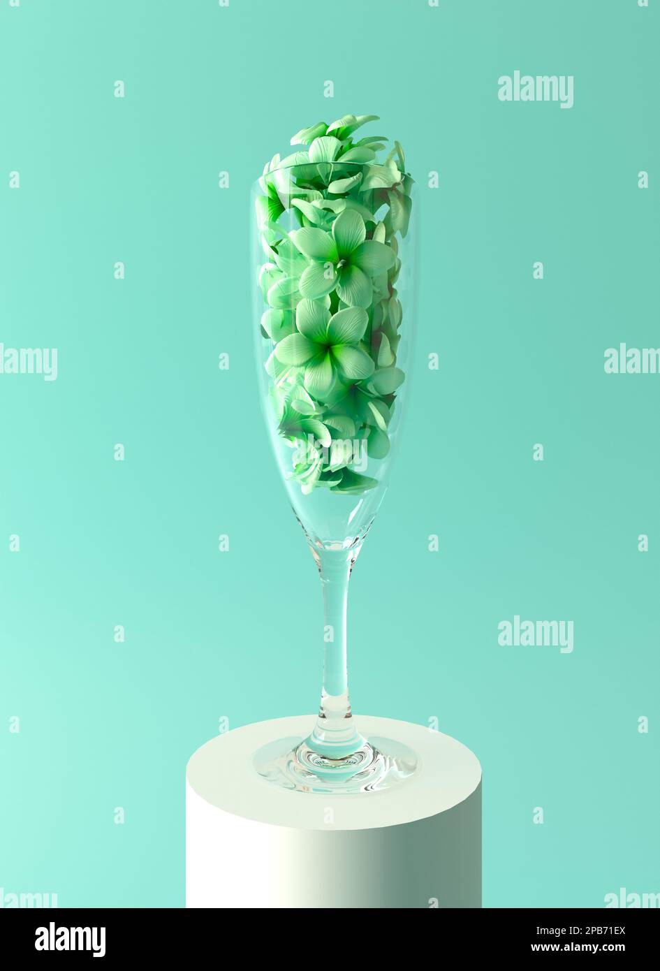 Kleine Blumen in einem Glas Champagnerglas, isoliert auf einem minzgrünen Hintergrund. Einfaches Design, minimalistisches kreatives Konzept. 3D Abbildung Stockfoto