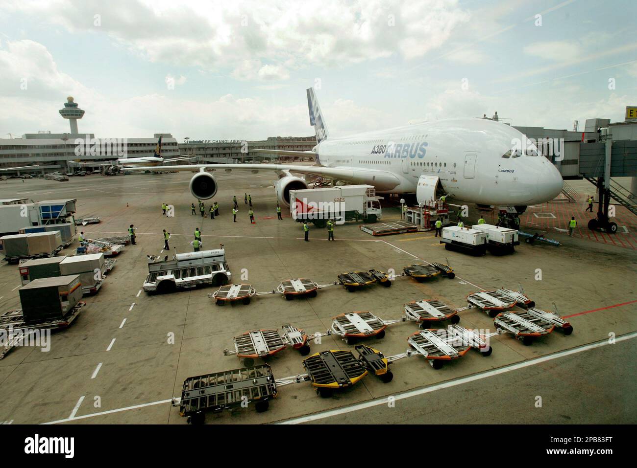 Ground staff prepare for a cater trucks and passenger loading and ...