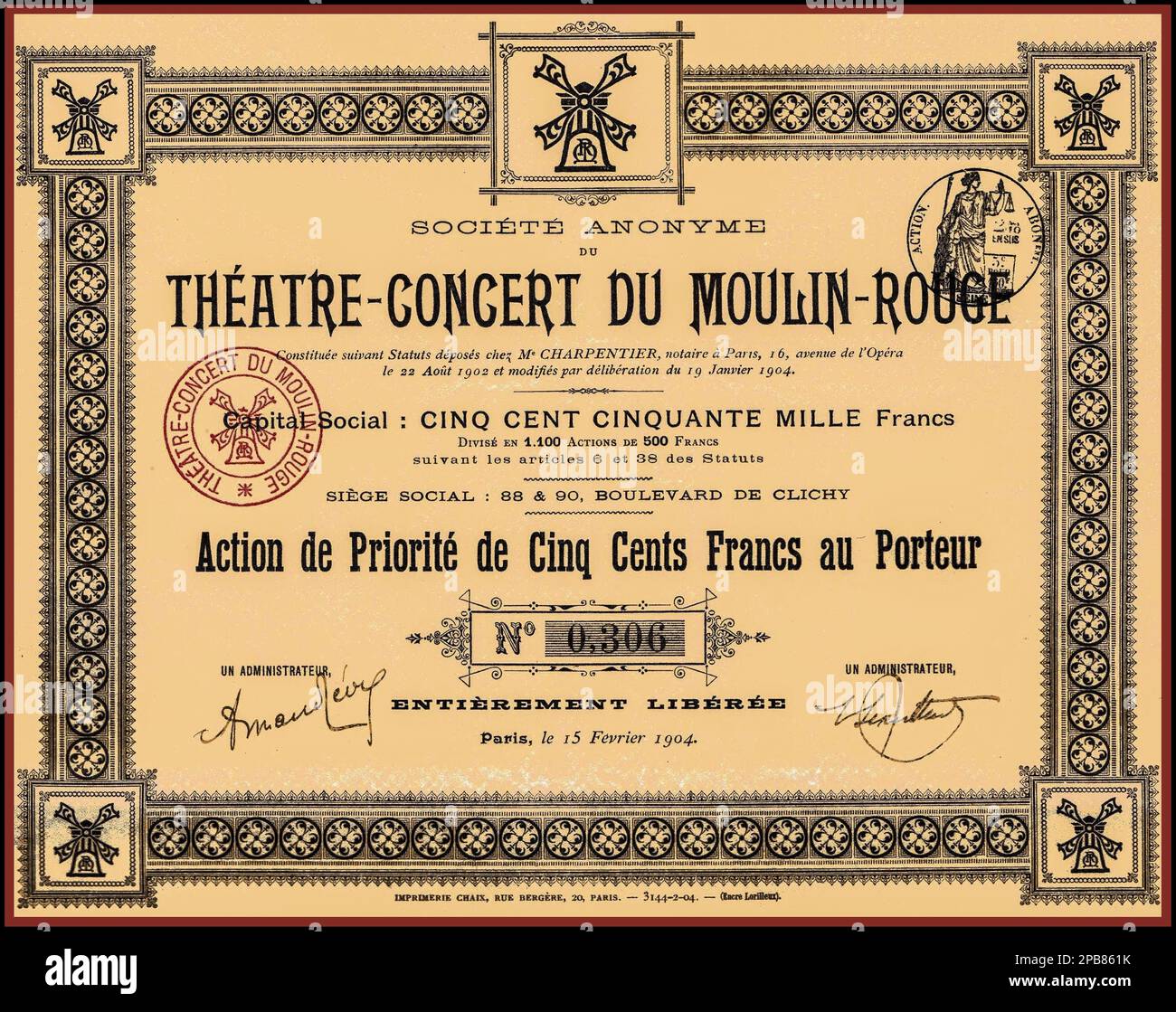 Vintage 1900er Moulin Rouge Priority Share Certificate mit einem Nennwert von 500FF (französische Francs) für die S.A. du Théatre-Concert du Moulin-Rouge, ausgestellt am 15. Februar 1904 in Paris, Frankreich Stockfoto