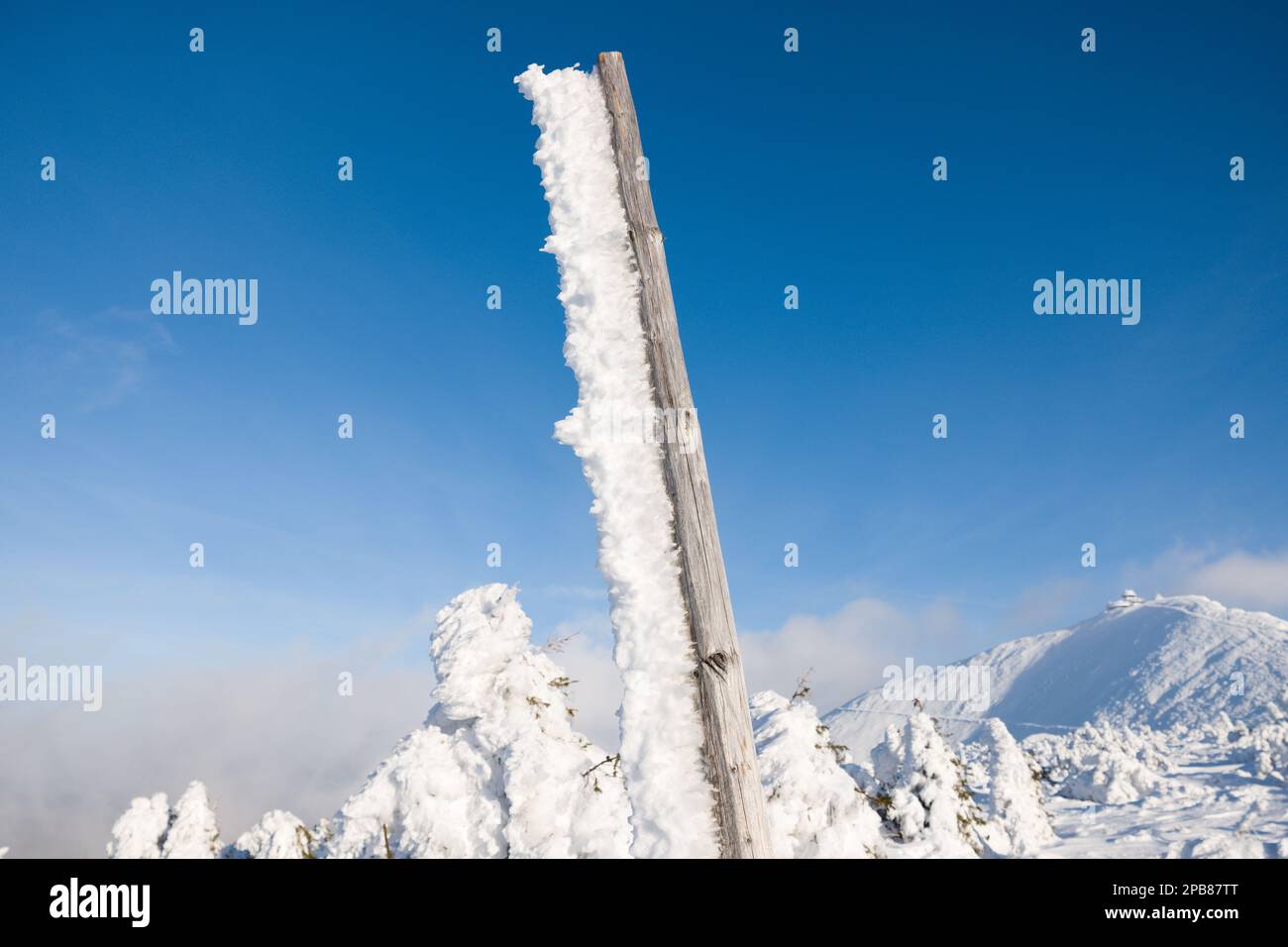 Berg Śnieżka, Karpacz, Karkonosze (Riesengebirge), Sudeten, Niederschlesien, Polen, Februar 2023 Stockfoto