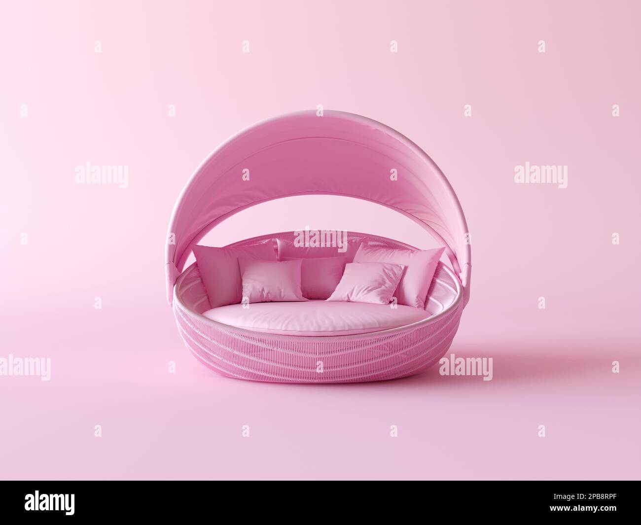 Rosafarbenes rundes Bett in Schwarzweiß-Pink isoliert auf pastellrosa. 3D-Rendering. Kreatives Modekonzept zum Entspannen und Ausruhen. Kreatives rundes Bett Stockfoto