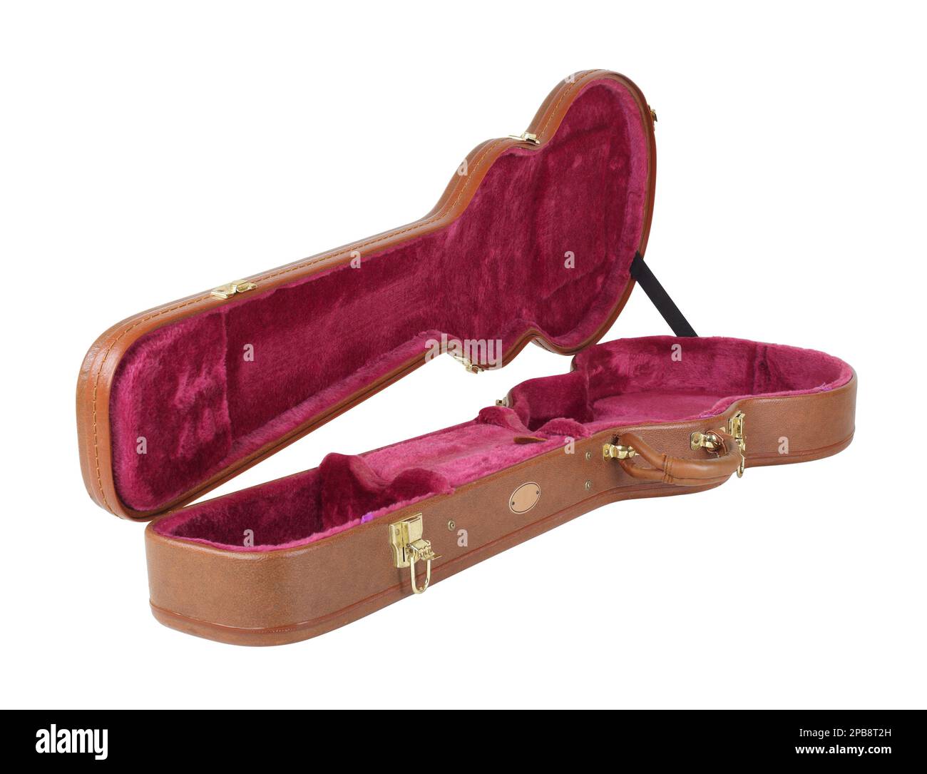Musikinstrument – Offener Hartschalenkoffer mit brauner und roter Elektrogitarre, isoliert auf Holzhintergrund Stockfoto