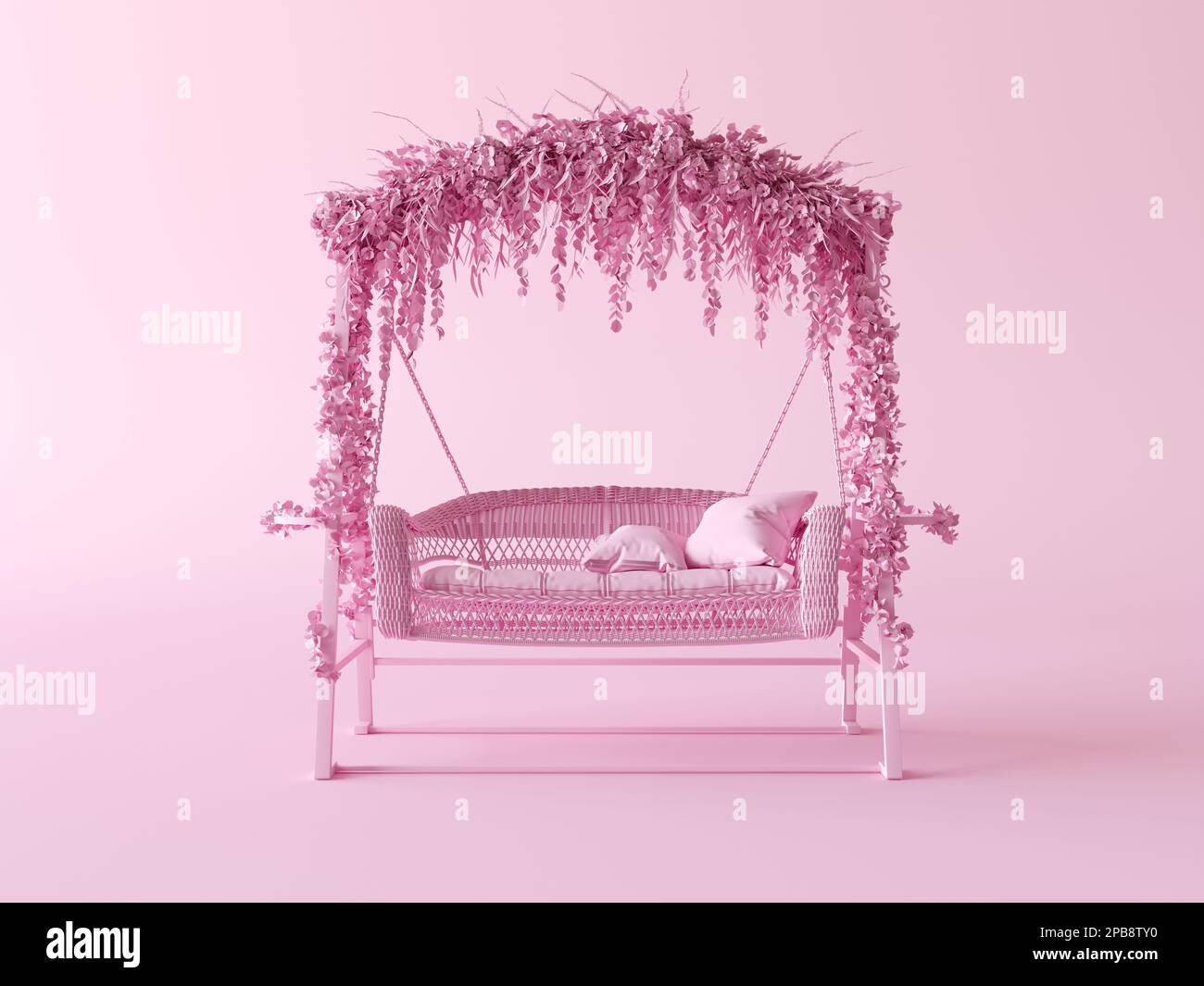 Gartenmöbelgeschäft. Schwingende Gartenbank. Einfarbiger, flacher rosafarbener Hintergrund, 3D-Rendering für Web- und Social-Media-Nutzung. Stockfoto