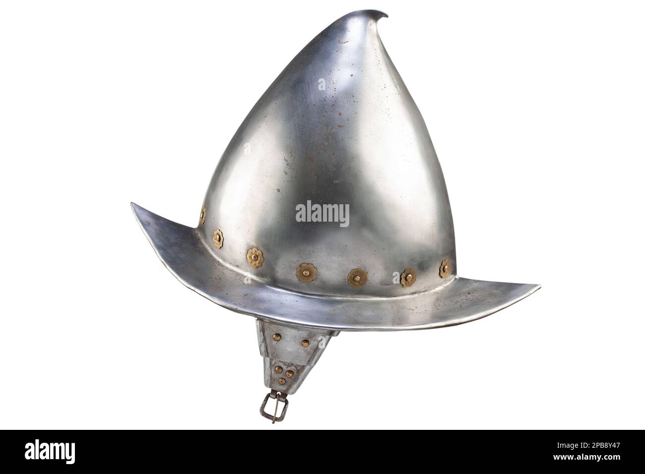 17. Jahrhundert Morion Stahlhelm isoliert auf weißem Hintergrund Stockfoto
