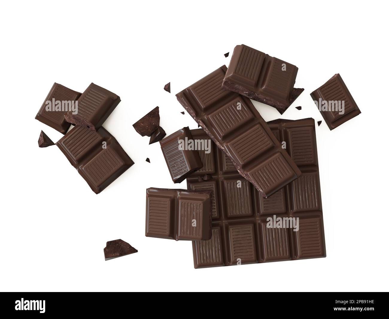 Broken Chocolate Bar isoliert auf weiß, Draufsicht. Schokoladenwürfel auf dem Haufen, bittere Stücke, dunkler Schokoladenriegel, isoliert auf weißem Hintergrund, Draufsicht Stockfoto