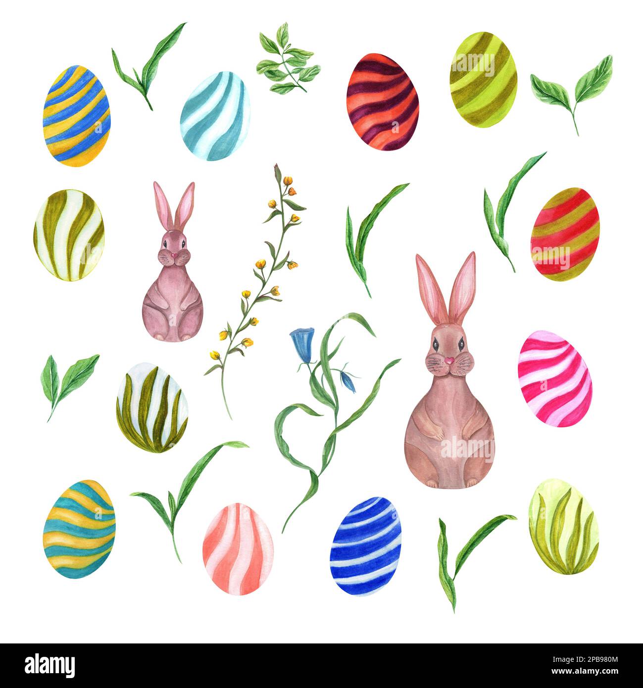 Aquarelle osterhasen, Eier und Blätter isoliert auf weißem Hintergrund. Handgezeichnete Illustration für Tapeten-, Druck-, Schrott- und Bannerdesign Stockfoto