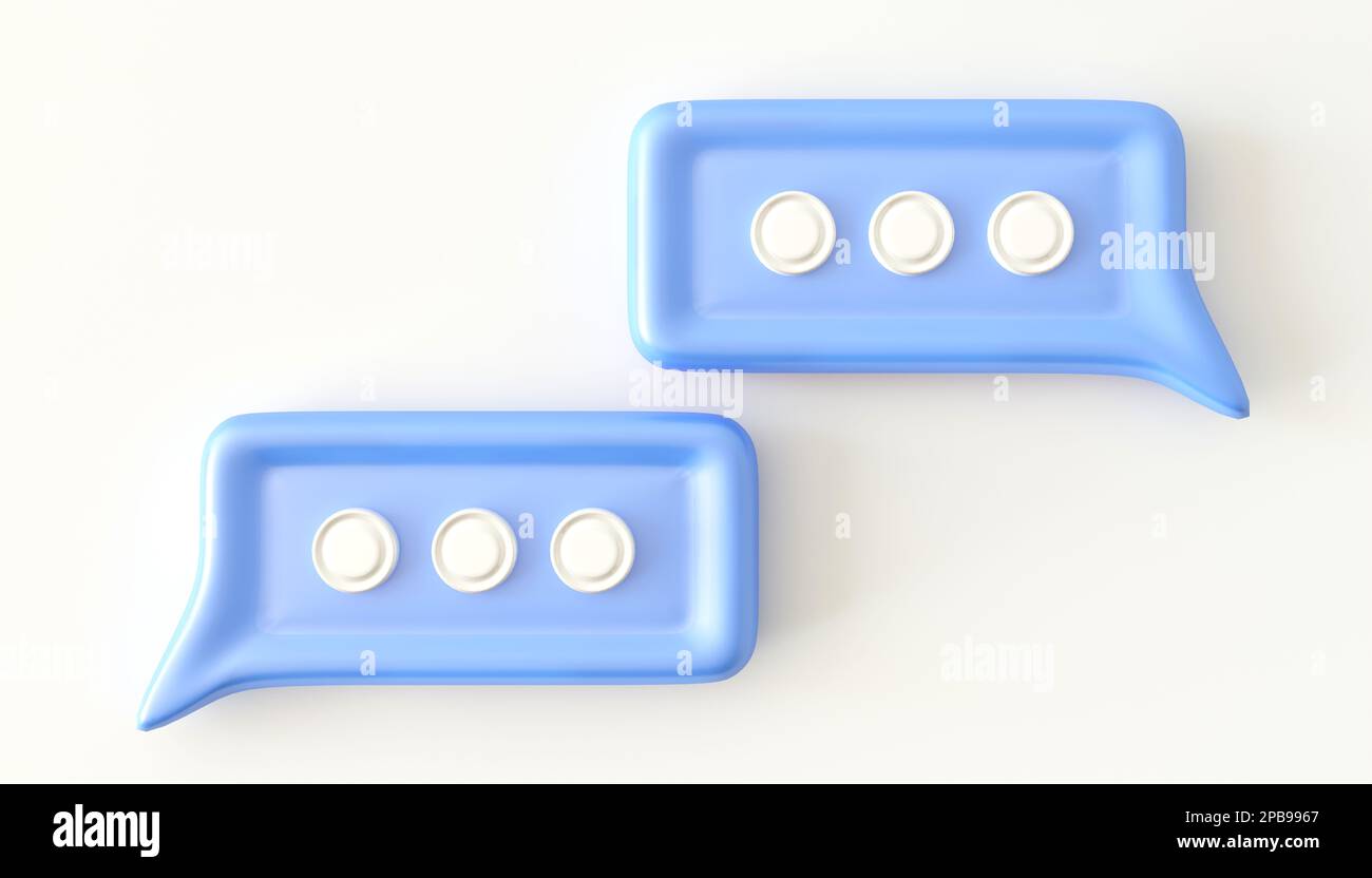 Zwei Sprechblasen- oder Kommentarzeichen auf pastellblauem Hintergrund. 3D-Rendering-Abbildung. Kreatives Konzept des technischen Supports Stockfoto