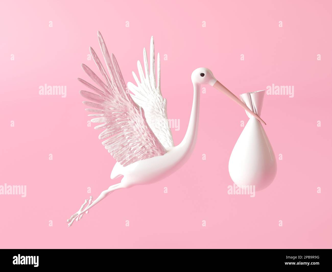Storch trägt ein Baby isoliert auf pinkfarbenem Hintergrund. Silhouette Storchvogel mit Baby in der Tasche. 3D Darstellung rendern. Der weiße Storch, der ein Baby trägt Stockfoto