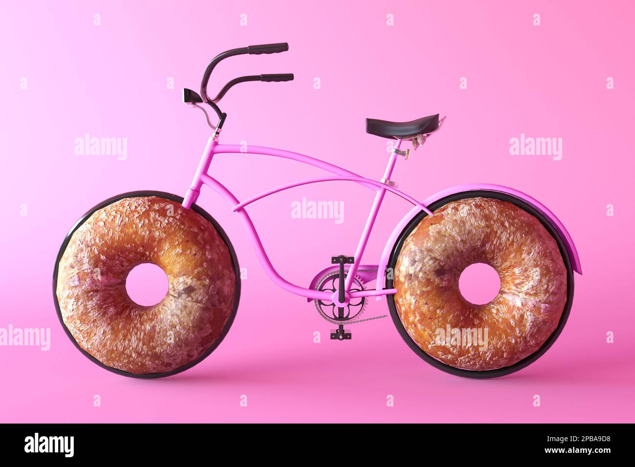 Donuts auf Radrädern 3D Abbildung. Kreatives Konzept des Gastronomieangebots, Süßwarenbanner für Verkaufsförderung und Medien. Donut Delivery-Idee Stockfoto