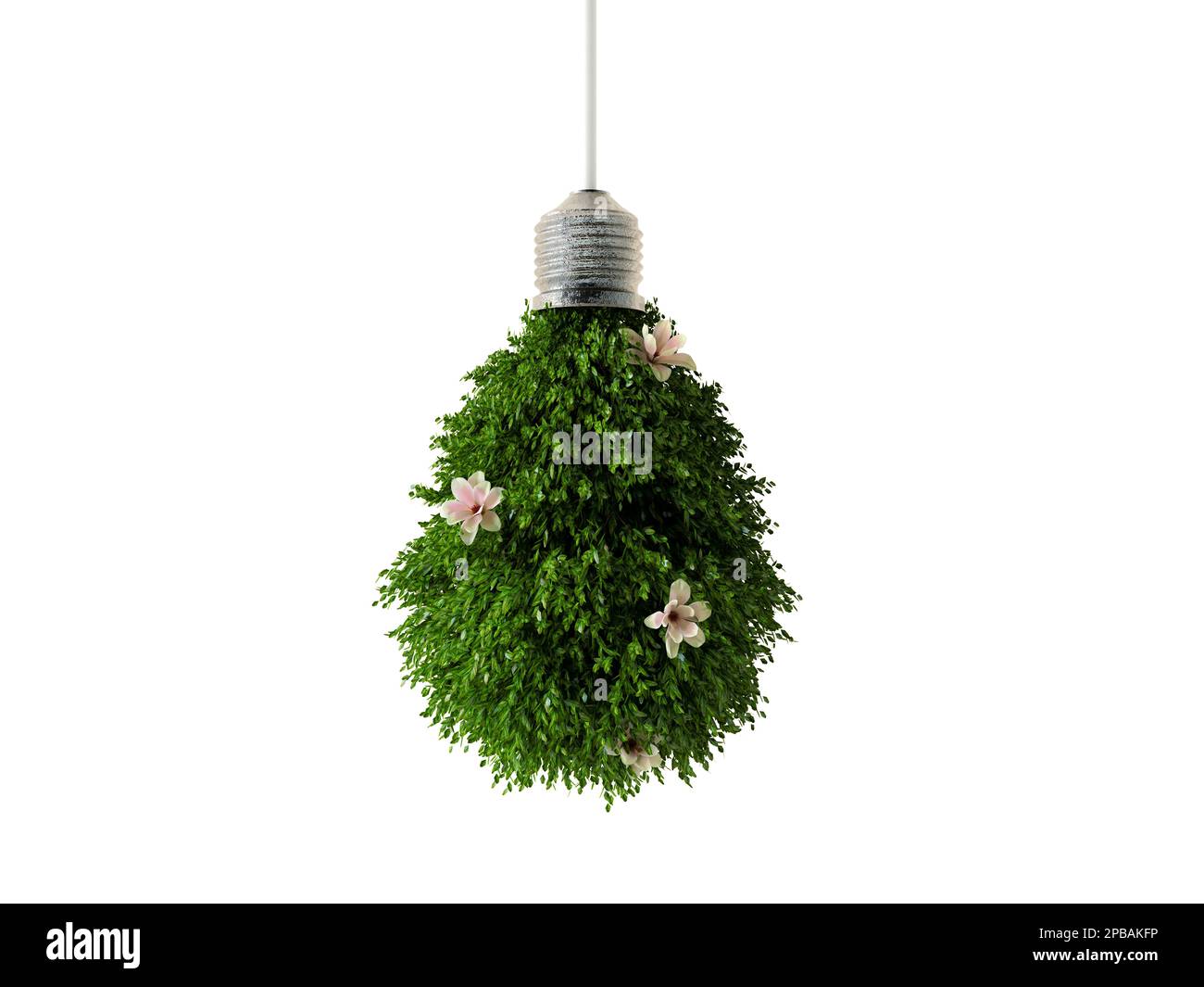 Eine Glühbirne aus Blättern und Blumen. Ein grüner Busch in Form einer Glühbirne. Kreatives Konzept für grüne Energie, ökologische Elektrizität Stockfoto