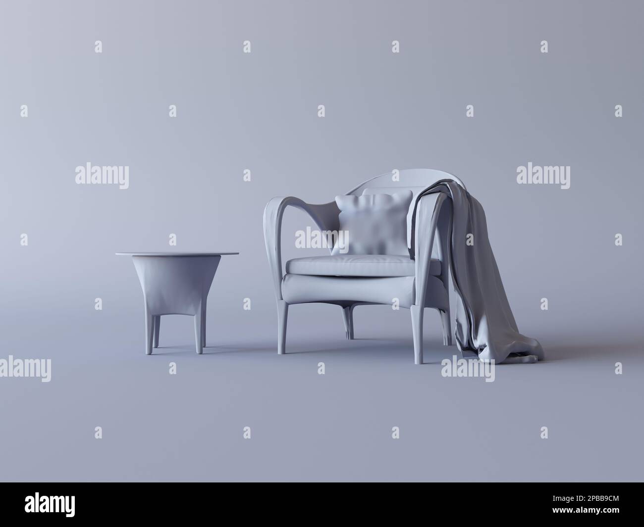 Einfarbiger Sessel und Couchtisch im dunkelgrauen Innenraum. Einfarbige Komposition, minimaler Stil. 3D-Rendering, Bildrahmenhintergrund Stockfoto