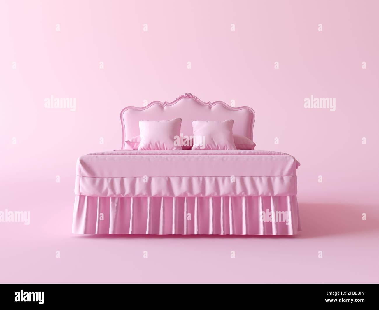 Konzept Vintage Bett Pink monochrome Komposition. Kreative Idee mit minimalem Papierverbrauch. Modell mit Kingsize-Bett auf hellem Hintergrund mit Kopierbereich. 3D-Rendern Stockfoto