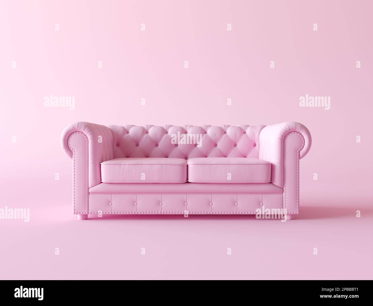 Modernes Sofa im pinkfarbenen Wohnzimmer. Minimalistisches Designkonzept. Pastellfarbener Stil. darstellung des 3D-Renderings. Einzelliege, Sitz in flachem monochromen Rosa Stockfoto