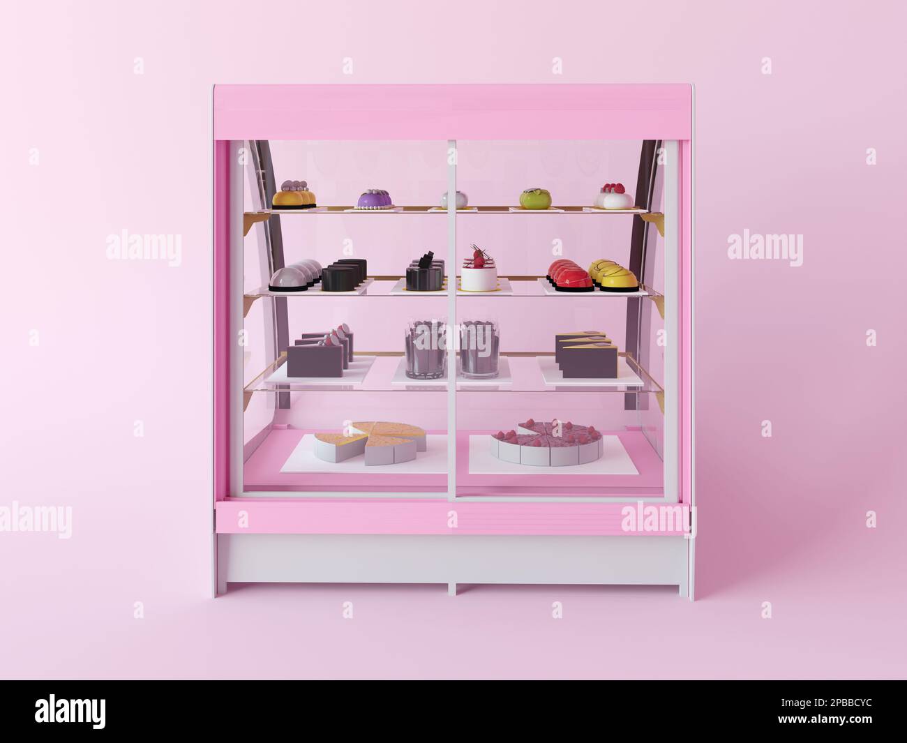 Kreatives Konzept eines Süßwarenladens. Ein Showcase mit Süßigkeiten: Kuchen, Gebäck, Kekse, Cupcakes. Isoliert auf pinkfarbenem Hintergrund. Schaufenster Stockfoto