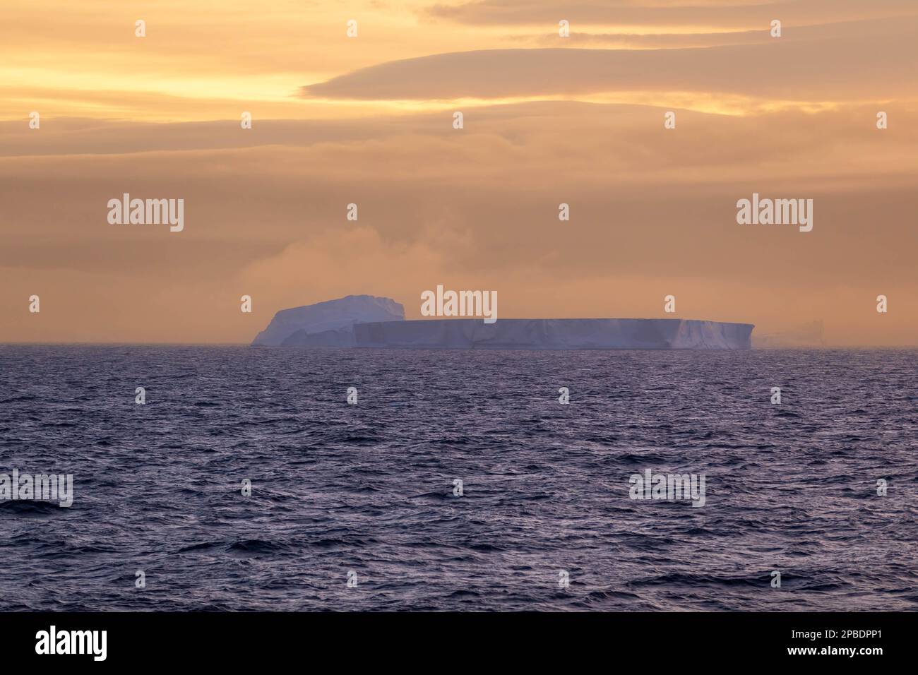 Eisberge treiben im antarktischen Meer unter farbenfrohen Sonnenuntergängen Stockfoto