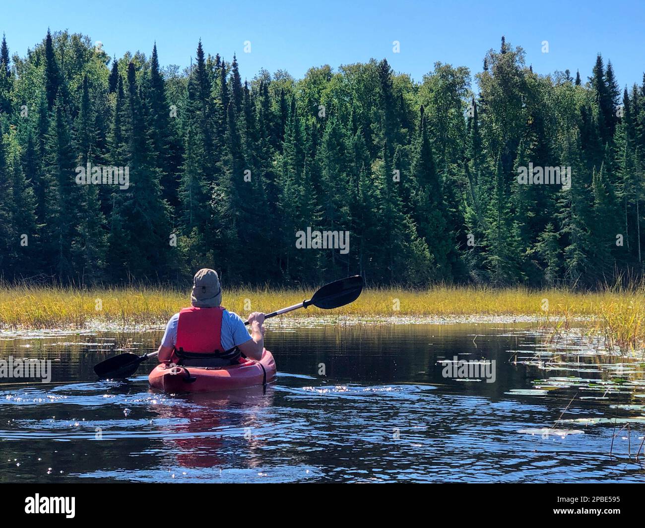 Eine Kajaktour auf einem abgelegenen See im Norden Minnesotas ist eine wunderbare Möglichkeit, die Natur zu genießen Stockfoto