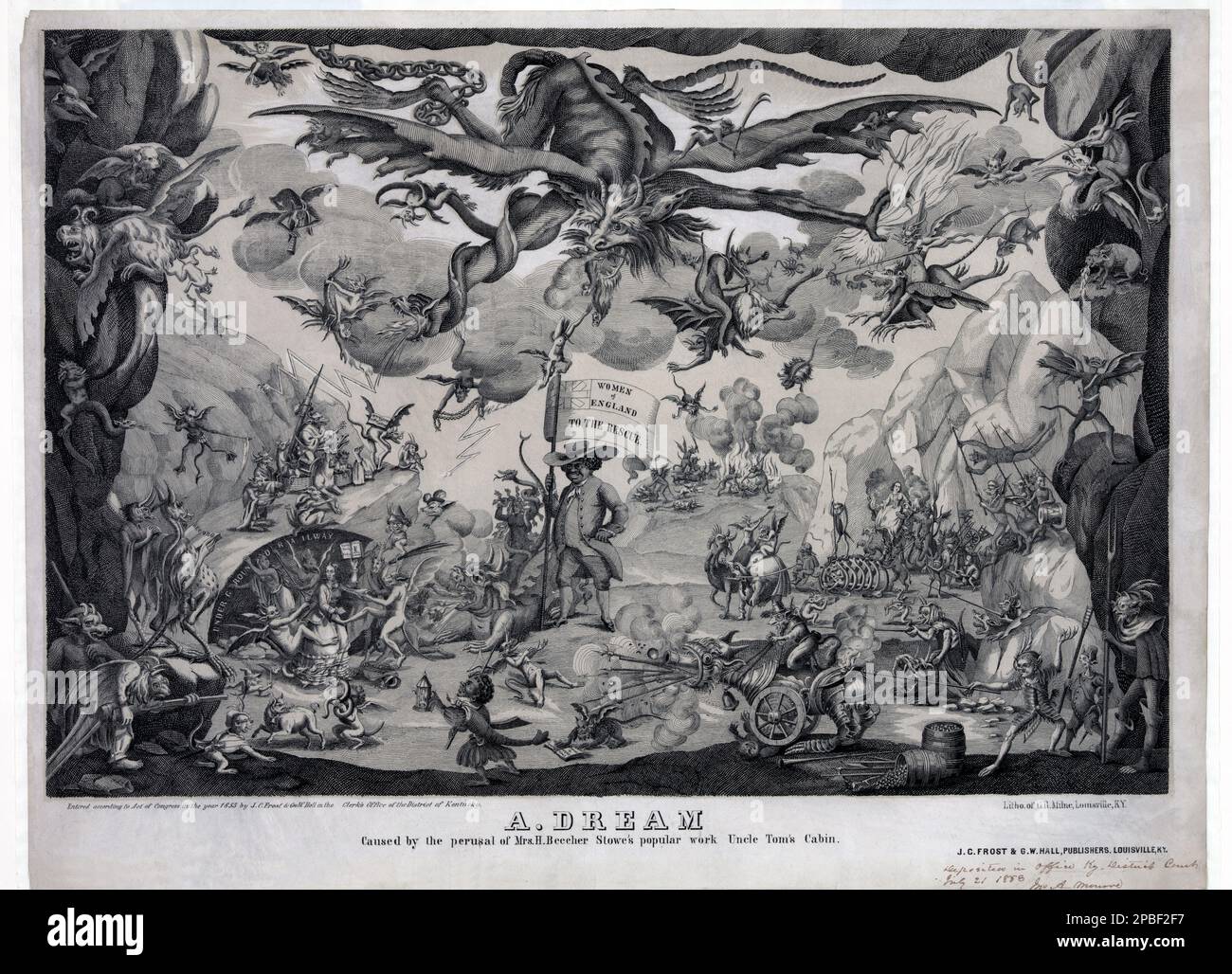Die amerikanische Abolitionistin und Schriftstellerin, Schriftstellerin, HARRIET BeecHER STOWE ( 1811 - 1896 ), Schriftstellerin des berühmtesten BUCHES ONKEL TOM's CABIN ( 1852 ). Karikaturkunstwerke, eine einfallsreiche und beißende Satire auf Harriet Beecher Stowe und ihrem kürzlich veröffentlichten Anti-Sklaverei-Roman "Onkel Tom's Hütte". Seit Juni 1851 in Serie gedruckt, erschien der Roman erstmals 1852 in Buchform. Der Künstler hat eine chaotische, alptraumhafte Vision erfunden, in der Armeen von Dämonen und anderen Monstern in einer kargen Wüstenlandschaft kämpfen, die an die teuflischen Visionen von Hieronymus Bosch und Jacques Cal erinnert Stockfoto