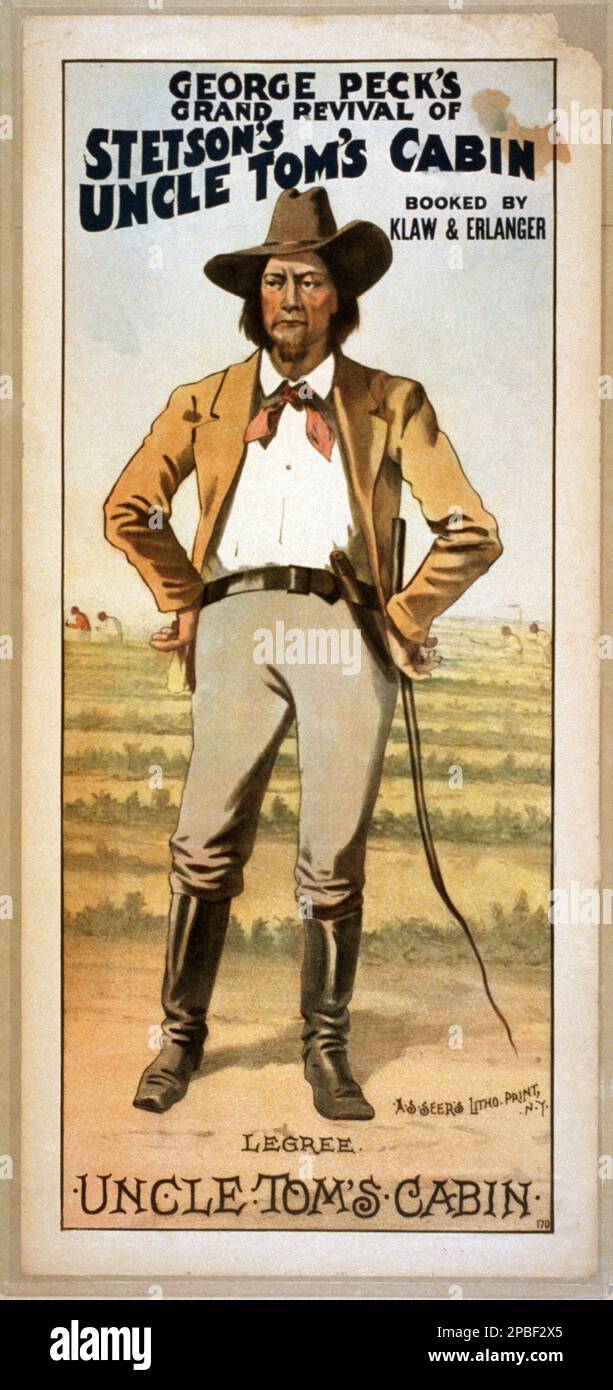 1886 , Vereinigte Staaten : George Peck (1850-19379 s große Wiederbelebung von Stetsons Onkel Toms Hütte, gebucht von Klaw & Erlanger. ONKEL TOM' KABINEN-Theatervorstellung. Die amerikanische Abolitionistin und Schriftstellerin , die Schriftstellerin der Frau, HARRIET BEECHER STOWE ( 1811 - 1896 ), der Autor des berühmtesten BUCHES ONKEL TOM's CABIN ( 1852 ), griff die Grausamkeit der Sklaverei an; sie erreichte Millionen als Roman und Stück und wurde sogar in Großbritannien einflussreich. Dadurch wurden die politischen Fragen der 1850er Jahre zur Sklaverei für Millionen von Menschen greifbar, wodurch die Anti-Sklaverei-Kräfte im amerikanischen Norden angetrieben wurden. Er verärgerte und verbitterte den Süden. Der Kobold Stockfoto