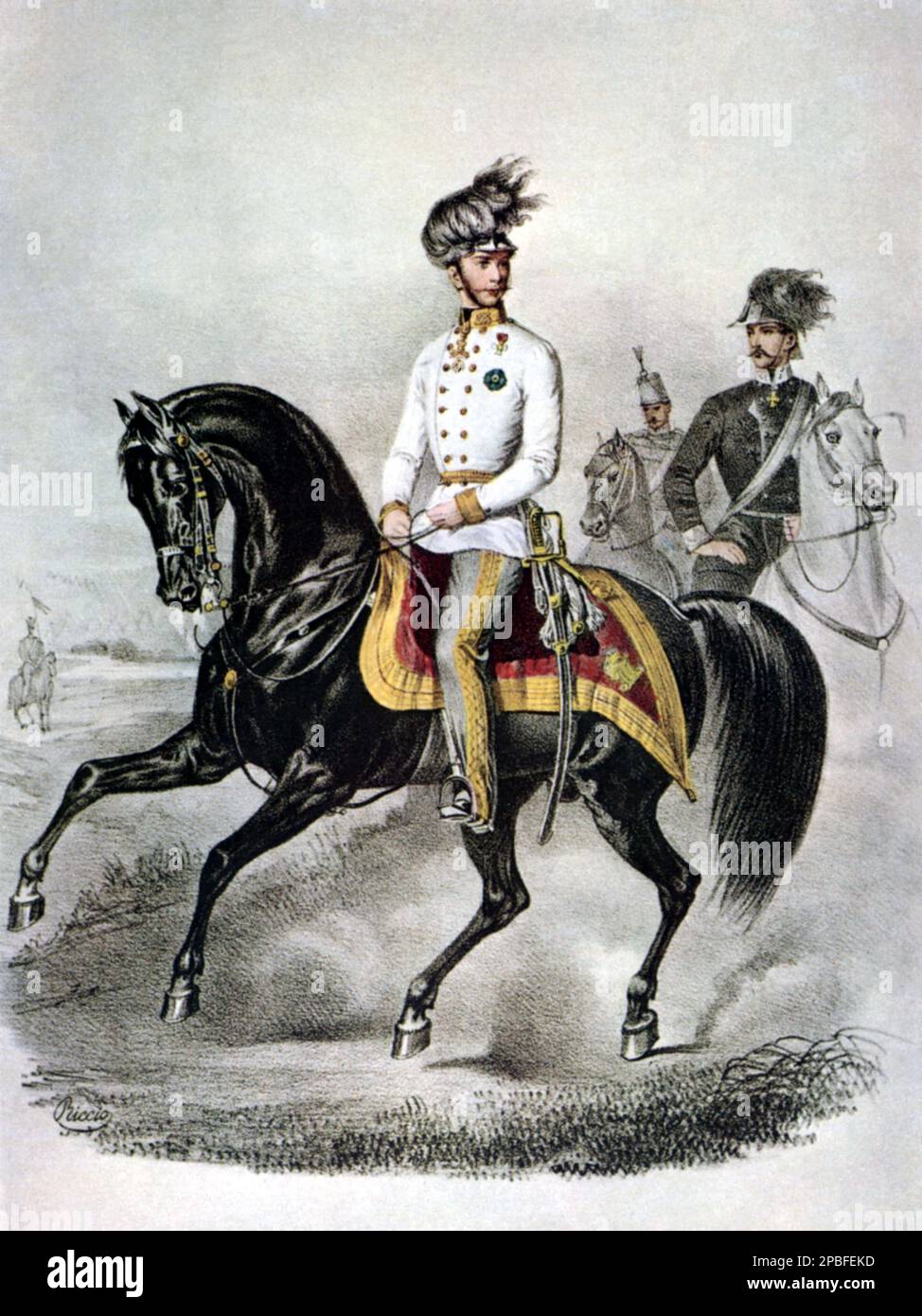 1859 Ca : der österreichische Kaiser FRANZ JOSEF von ABSBURG ( 1830 - 1916 ) , Kaiser von Österreich , König von Ungarn und Böhmen , Beliebter Aufdruck des italienischen Gravierers Riccio - FRANCESCO GIUSEPPE - JOSEPH - ABSBURG - ASBURG - ASBURGO - ADEL - NOBILI - Nobiltà - REALI - HABSBURG - HASBURG - KÖNIGSFAMILIE - ÖSTERREICH - Bart - barba - Baffi - Schnurrbart - Militäruniform - divisa uniforme militare - Francesco Giuseppe - Risorgimento - CAVALLO - PFERD - EQUITAZIONE --- Archivio GBB Stockfoto