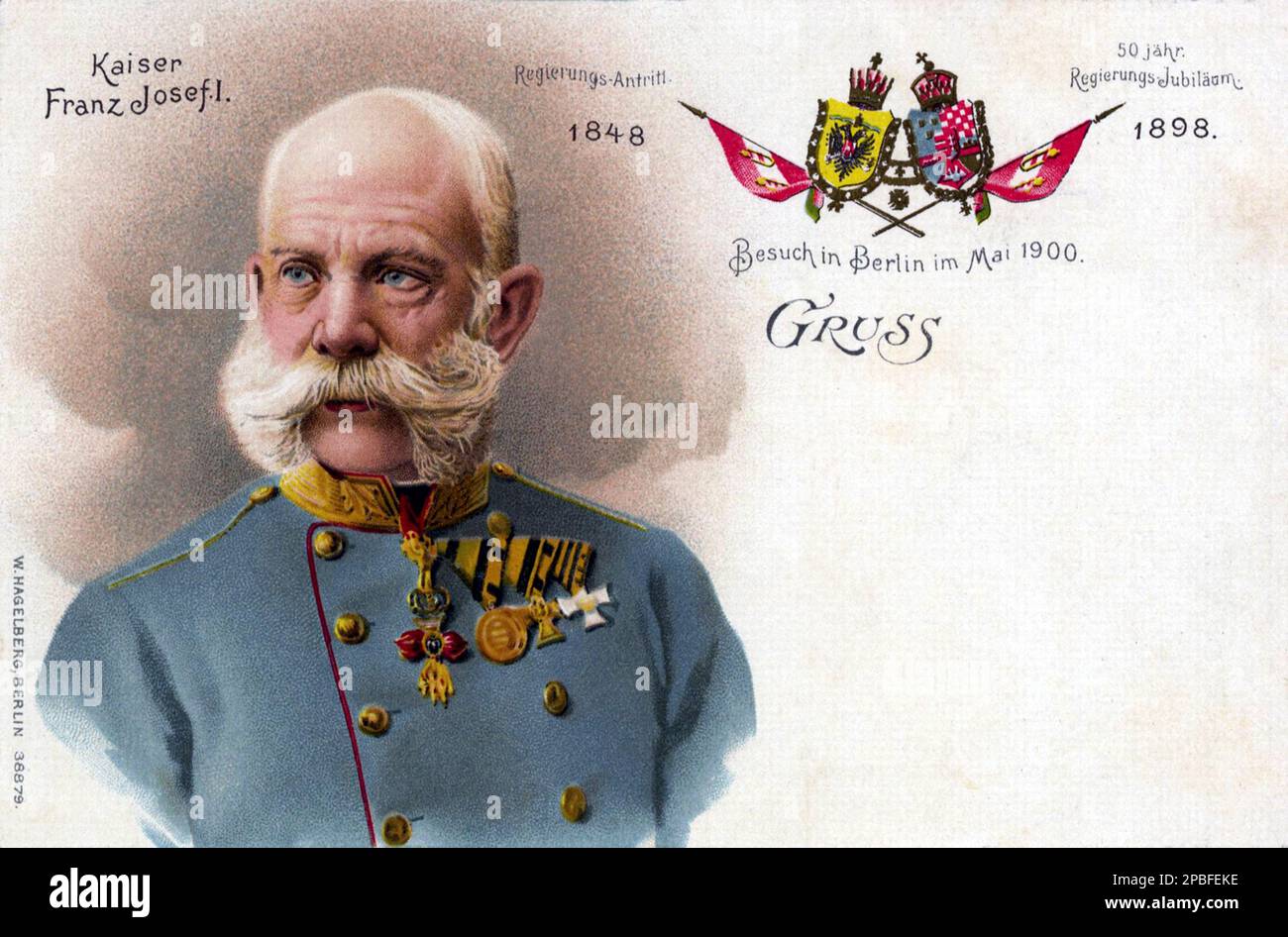 1898 , ÖSTERREICH : der österreichische Kaiser FRANZ JOSEF von ABSBURG ( 1830 - 1916 ) , Kaiser von Österreich , König von Ungarn und Böhmen , Postkarte für das Jubiläum 1848-1898 . - FRANCESCO GIUSEPPE - JOSEPH - ABSBURG - ASBURG - ASBURGO - ADEL - NOBILI - Nobiltà - REALI - HABSBURG - HASBURG - ADEL - ÖSTERREICH - Bart - barba - Baffi - Schnurrbart - Militäruniform - divisa uniforme militare - Francesco Giuseppe - Cartolina - giubileo - giubileo -- - Archivio GBB Stockfoto