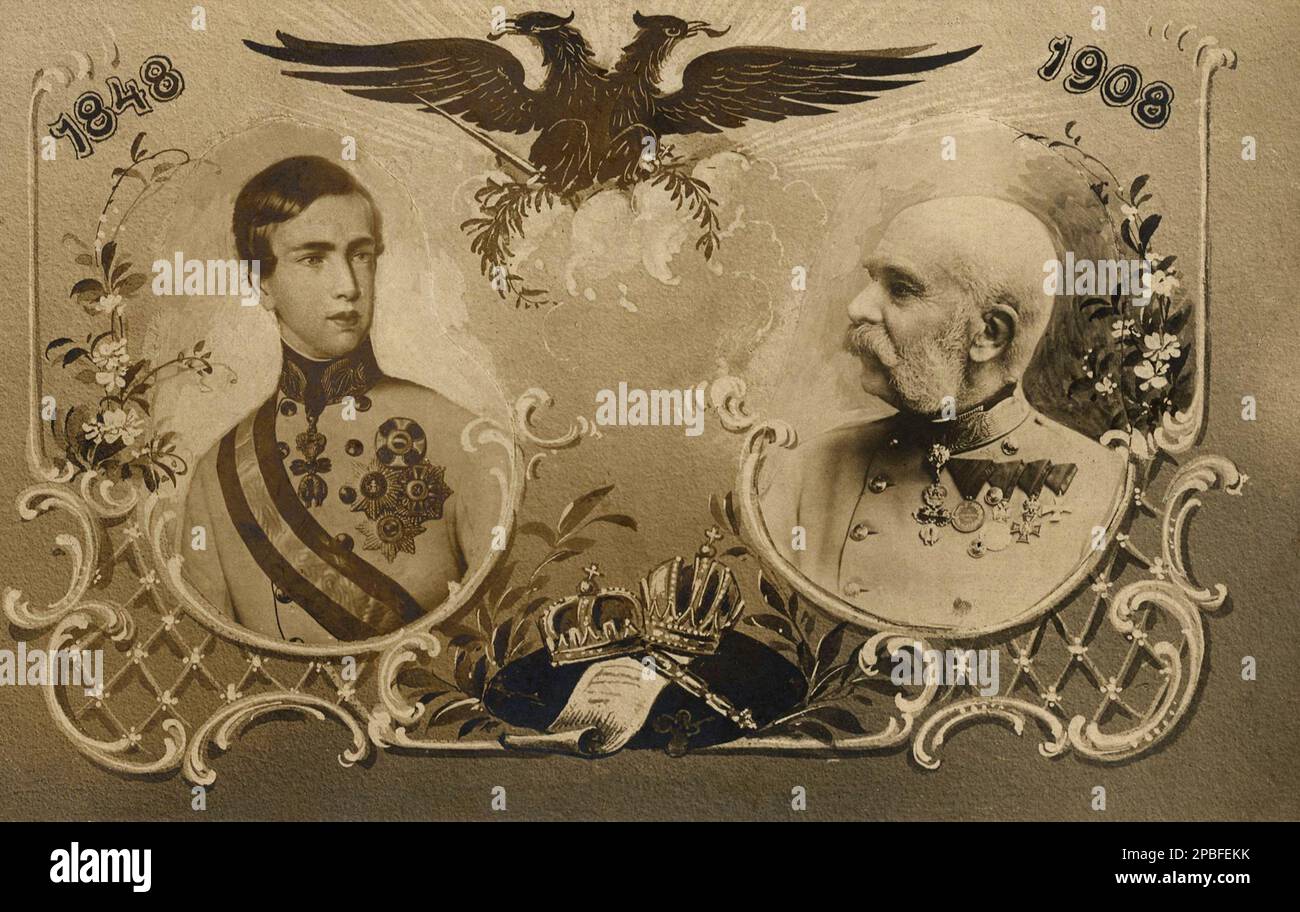 1898 : der österreichische Kaiser FRANZ JOSEF von ABSBURG ( 1830 - 1916 ) , Kaiser von Österreich , König von Ungarn und Böhmen , Postkarte für das Jubiläum 1848-1898 zum 50. Jahrestag - FRANCESCO GIUSEPPE - JOSEPH - ABSBURG - ASBURG - ASBURGO - ADELSGESCHENK - NOBILI - Nobiltà - REALI - HABSBURG - HASBURG - KÖNIGSFAMILIE - ÖSTERREICH - Bart - barba - Baffi - Schnurrbart - Militäruniform - divisa uniforme militare - Francesco Giuseppe - Cartolina - giubileo --- Archivio GBB Stockfoto