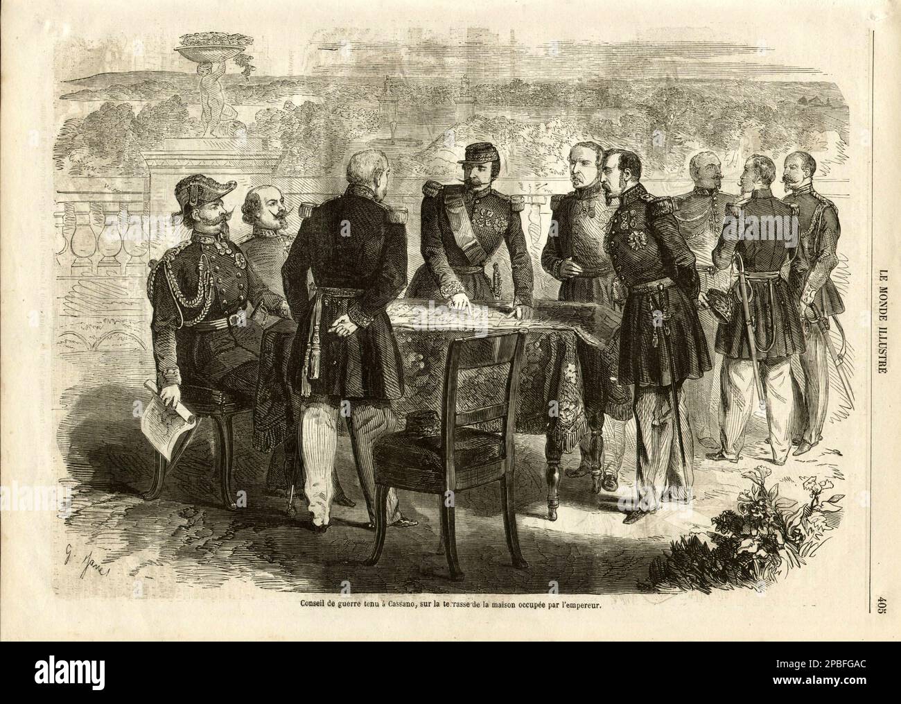 1859 , Cassano d' Adda , MAILAND , ITALIEN : der französische Kaiser NAPOLEON III ( Paris 1808 - Chislehurst 1873 ) mit General MAC-MAHON trifft den italienischen König VITTORIO EMANUELE II di SAVOIA in der Villa Brambilla . Druck aus dem französischen Magazin LE MONDE ILLUSTRE' - REALI - Royal - nobili - Nobiltà - Napoleone III - Imperatore - Baffi - Schnurrbart - Rituto - Baffi - Schnurrbart - Bart - barba - RISORGIMENTO - Militäruniform - Divisa uniforme militare - Savoy - Mac Mahon - MacMahon - Treffen - Krieg - Guerra - Archivio GBB Stockfoto