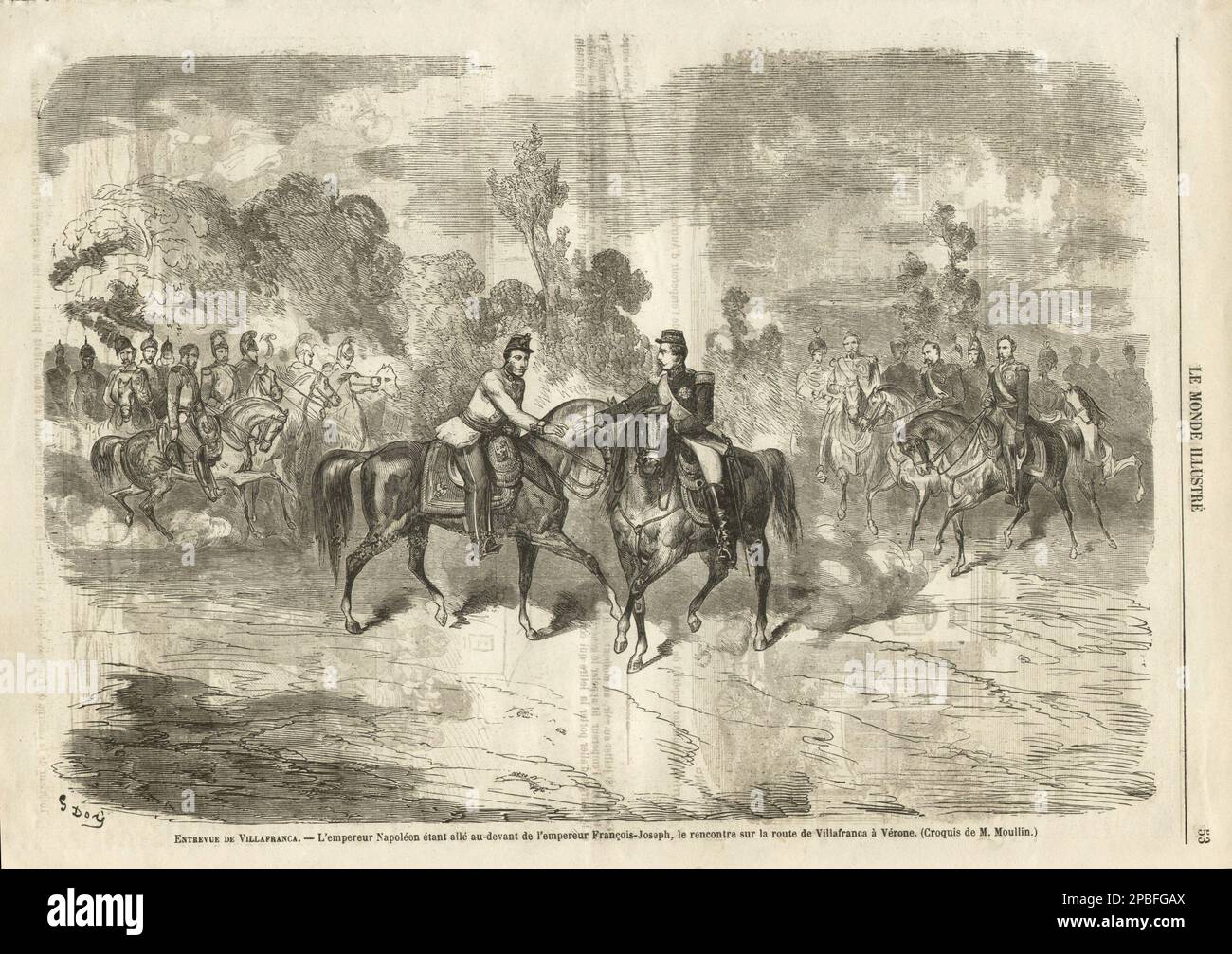 1859 , Villafranca , VERONA , ITALIEN : der französische Kaiser NAPOLEON III ( Paris 1808 - Chislehurst 1873 ) trifft den österreichischen Kaiser FRANZ JOSEF I ( FRANCESCO GIUSEPPE ) . Printwerbung von Gustave Doré , Aus dem französischen Magazin LE MONDE ILLUSTRE' - REALI - Royal - nobili - Nobiltà - Napoleone III - Imperatore - Baffi - Schnurrbart - Rituto - Baffi - Schnurrbart - Bart - barba - RISORGIMENTO - Militäruniform - Divisa uniforme militare - Pferd - cavalli - Treffen - Krieg - Guerra - ABSBURGO - HABSBURG - HASBURG - ASBURGO --- Archivio GBB Stockfoto