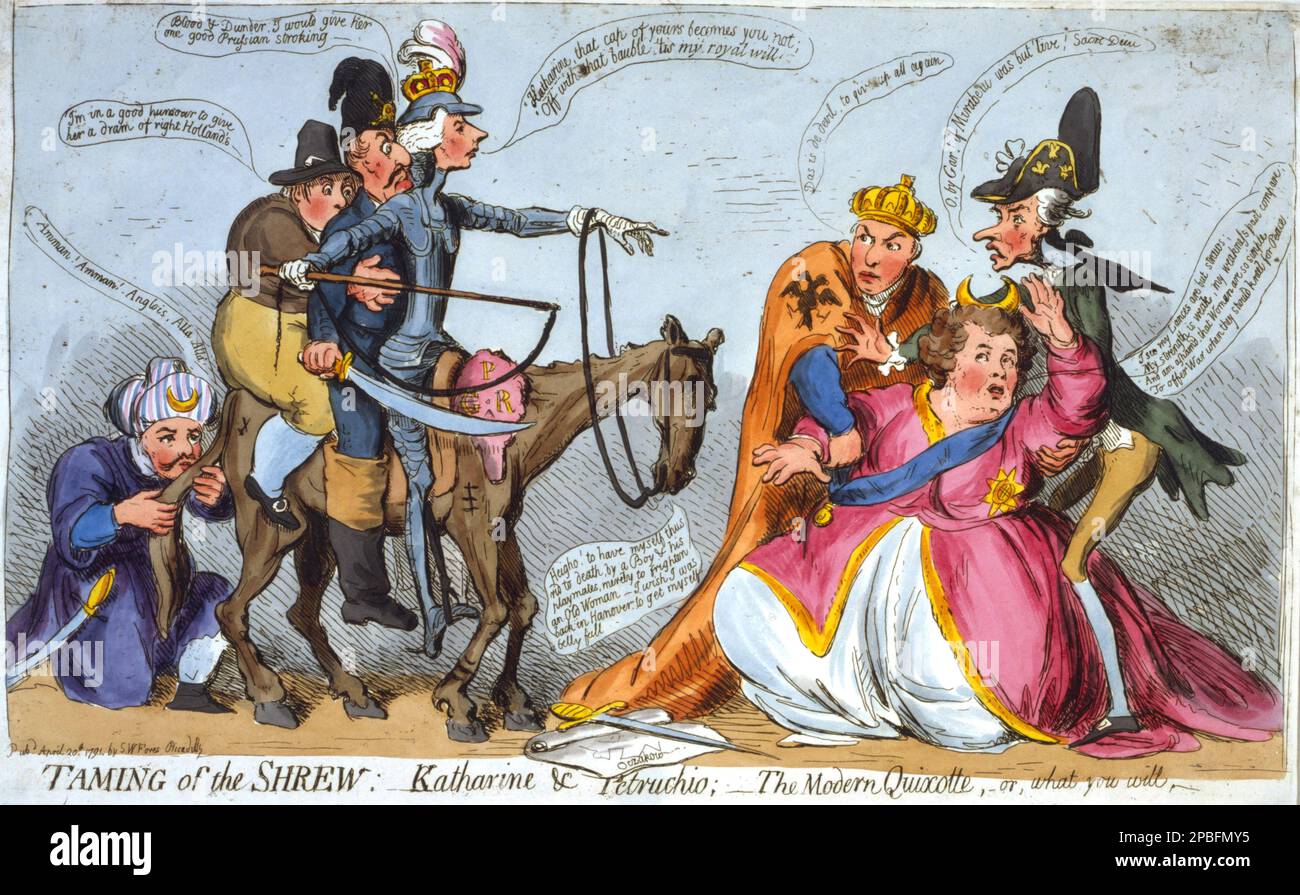 1791 , London , GROSSBRITANNIEN : die russische Zarine Kaiserin CATHERINE II. DIE GROSSE RUSSLANDS ( Stettin, 1729 - Puskin, 1796 ) , obwohl geboren als Sophia Augusta Frederica ( Sophie Friederike Auguste von Anhalt-Zerbst-Dornburg ). Britische Karikatur des Illustrators James Gillray (1756-1815): Zähmung der Spitzhure: – Katharine & Petruchio; – das moderne Quixotte – oder was Sie wollen. Sie war ein Beispiel für den aufgeklärten Despot ihrer Zeit. Cartoon zeigt Catherine II, schwach und scheu vor William Pitt, der als Petruchio erscheint, und Don Quixote auf dem Pferd (ein schlanker und vernarbter George III, dessen Autorität Biene hat Stockfoto
