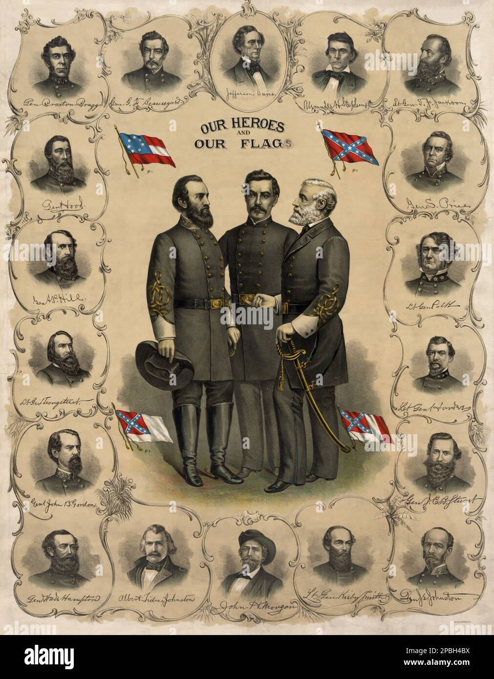 "Unsere Helden und unsere Flagge". Lithography 1896 von Southern Lithograph Co. Aufdruck mit Porträts von Robert E. Lee, Stonewall Jackson und G.T. Beauregard mit vier Versionen der Flagge der Konföderierten, umgeben von Büstenporträts von Jefferson Davis und Offizieren der Konföderierten Armee. General ROBERT E. LEE ( 1807 - 1870 ) der Konföderierten Armee . Lee war Offizier der US-Armee, Ingenieur und einer der berühmtesten Generäle in der amerikanischen Geschichte. SEZESSIONSKRIEG BÜRGERMEISTER GUERRA CIVILE DI SECESSIONE AMERICANA cappello - hat - uomo anziano vecchio - Älterer Mann - Barb Stockfoto