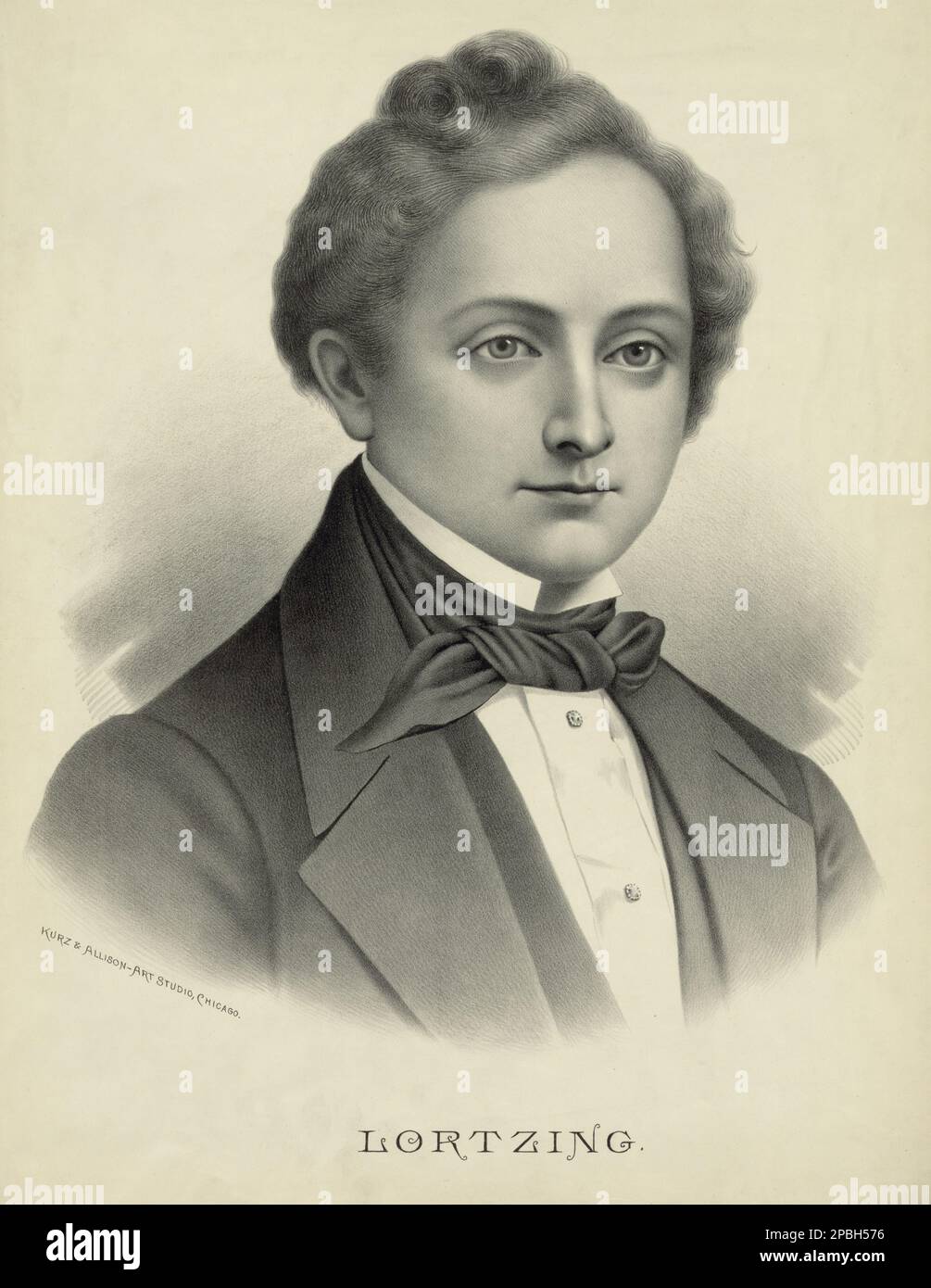 der deutsche Komponist, Schauspieler und Sänger ALBERT LORTZING ( 1801 - 1851 ). Gedenkgravierung Porträt 1895ca von Kurz und Allison, Chicago, USA. Er gilt als Hauptvertreter der deutschen Spieloper, eine Form, die der französischen Oper Comique ähnelt, die aus dem Singspiel hervorgegangen ist. MUSICA CLASSICA - KLASSISCH - COMPOSITORE - OPER - MUSICISTA - Portrait - Rituto - Kragen - colletto - Schleife - Krawatte - ARCHIVIO GBB Stockfoto