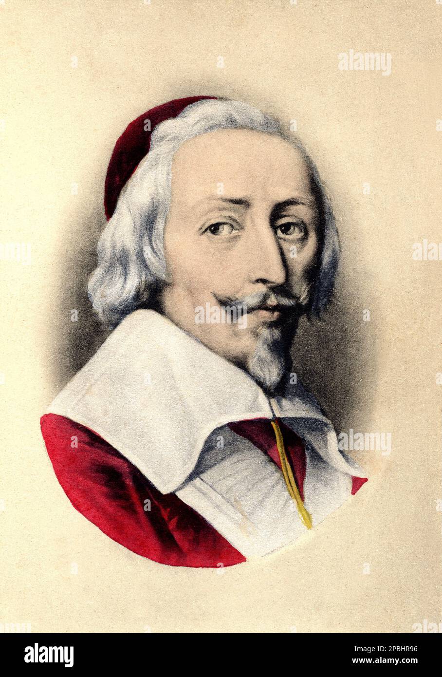 Der Kardinal RICHELIEU. Armand Jean du Plessis de Richelieu , Kardinal-Duc de Richelieu ( 1585 - 1642 ), war ein französischer Geistlicher, Adliger und Staatsmann. 1607 als Bischof geweiht, trat er später in die Politik ein und wurde 1616 Außenminister. - Mazarino - Mazarino - CLERICALE - KATHOLISCHE RELIGION - RELIGIONE CATTOLICA - RELIGIONE CATTOLICA - KATHOLISCHE RELIGION - Rituto - Portrait - POLITICA - POLITISCH - POLITIKER - BAFFI - Schnurrbart - Bart - barba - Halsband - colletto - Adel - Nobiltà italiana - nobile - Gravur - Incisione - Archivio GBB Stockfoto