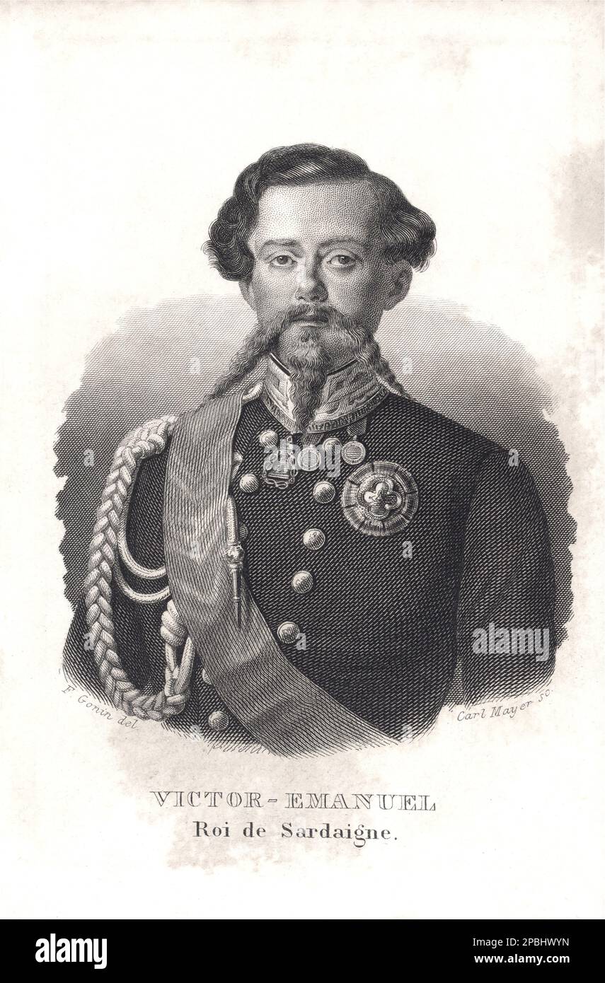 1851 , ITALIEN : der künftige erste italienische König VITTORIO EMANUELE II di SAVOIA ( 1820 - 1888 ) , als es Re di Sardegna war , Porträtgrafiedruck von ALMANACH DE GOTHA - ITALIA - CASA SAVOIA - REALI - Nobiltà ITALIANA - SAVOY - ADEL - KÖNIGE - GESCHICHTE - FOTOSTORICHE - Könige - nobili - Nobiltà - Portrait - Rituto - Baffi - Schnurrbart - Militäruniform - Divisa uniforme militare - ITALIA - Incisione - Gravur - REGNO DI SARDEGNA - König von Sardinien - Archivio GBB Stockfoto