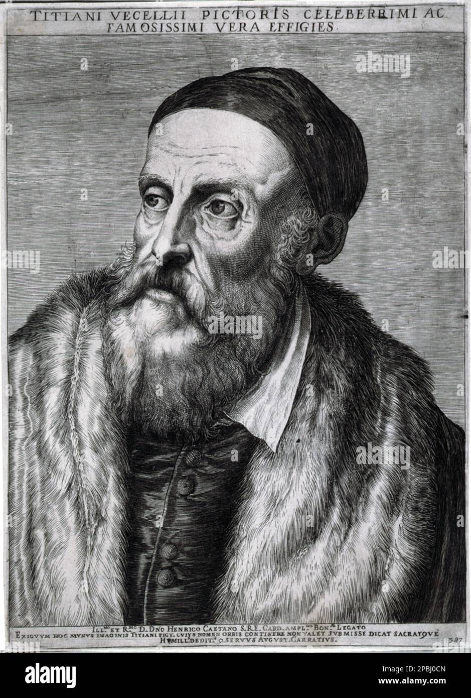 1587 , ITALIEN : der italienische venezianische Maler TIZIANO VECELLIO ( Pieve di Cadore Ca 1490 - Venezia 1576 ) , dargestellt von AGOSTINO CARRACCI ( 1557 - 1602 ). - PITTORE - ARTE - ARTI VISIVE - VISUAL ARTS - hat - cappello - barba - Bart - Pelzkragen - colletto di pelliccia - alter Mann - Uomo anziano vecchio - Incisione - Gravur - Tiziano Vecellio oder Tiziano Vecellio - TIZIAN - RINASCIMENTO - RENAISSANCE - ritratto - Porträt - ARTE - KUNST --- Archivio GBB Stockfoto