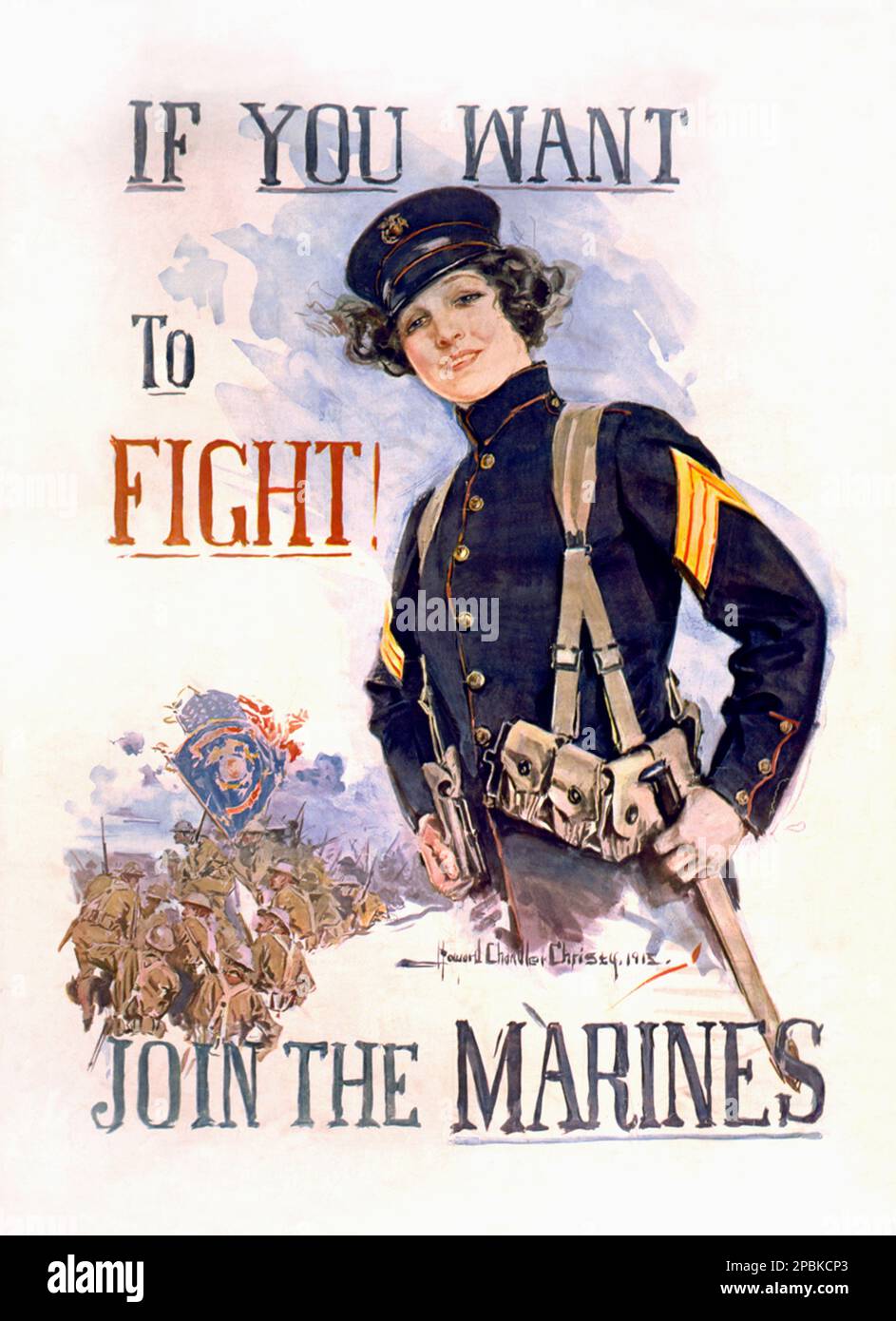 1915 , USA : das amerikanische Propagandaposter " Ich MÖCHTE , DASS IHR KÄMPFT . BEGLEITEN SIE DIE MARINES VON HOWARD CHANDLER CHRISTY ( 1873 - 1952 ) . Poster mit einem halblangen Porträt einer Frau in Militäruniform, Und eine Grabenkriegszene mit Truppen, die die US-Flagge und die Flagge der Marines tragen .- WELTKRIEG I - WW - GRANDE GUERRA - GROSSER KRIEG - PRIMA GUERRA MONDIALE - foto storiche storica - locandina - Poster - Anmeldung - ESERCITO - Gravur - Illustration - illustrazione - GESCHICHTSFOTOS - Manifest - AFFICHE - Campagna di RECLUTAMENTO TRUPPE - arruolamento - Hut - cappello - CA Stockfoto
