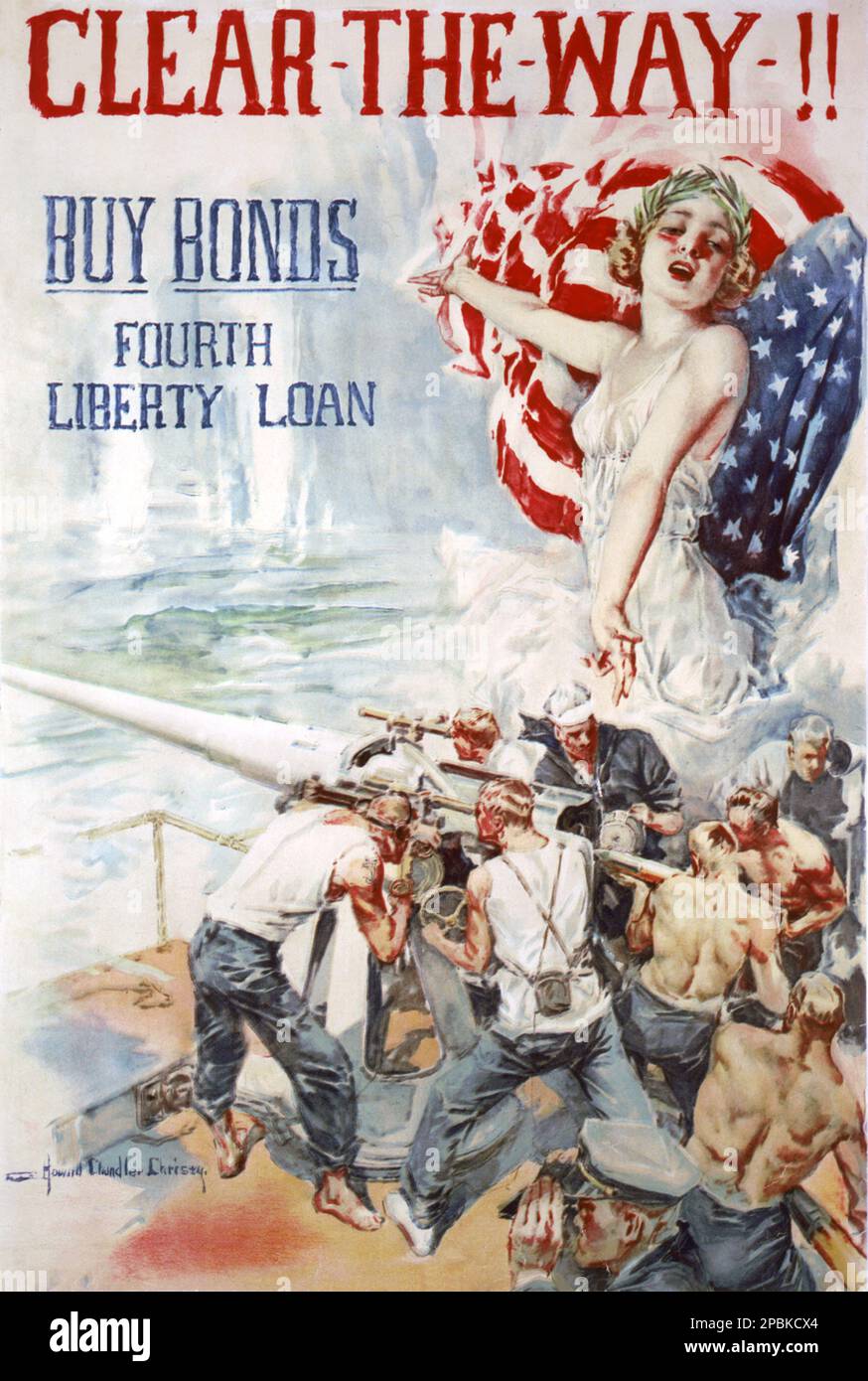 1917 Ca , USA : das amerikanische Propagandaposter " Clear-the-way!!! Anleihen kaufen -- Vierter Freiheitskredit des Künstlers HOWARD CHANDLER CHRISTY ( 1873 - 1952 ) - BUONI DI GUERA - KRIEGSANLEIHEN - ERSTER WELTKRIEG - WW - GRANDE GUERRA - GROSSER KRIEG - PRIMA GUERRA MONDIALE - foto storiche storica - locandina - Poster - Einschreiben - ESERCITO - MARINA - NAVY - Illustration - illustrazione - GESCHICHTSFOTOS - Manifest - AFFICHE - marinaio - marinai - Matrosen - CARTELLONE - CARTELLONISMO - ARTE - ARTS - Divisa uniforme militare - marinaio - Militäruniform - amerikanische Flaggensterne und -Streifen - bandiera USA - cannone Stockfoto