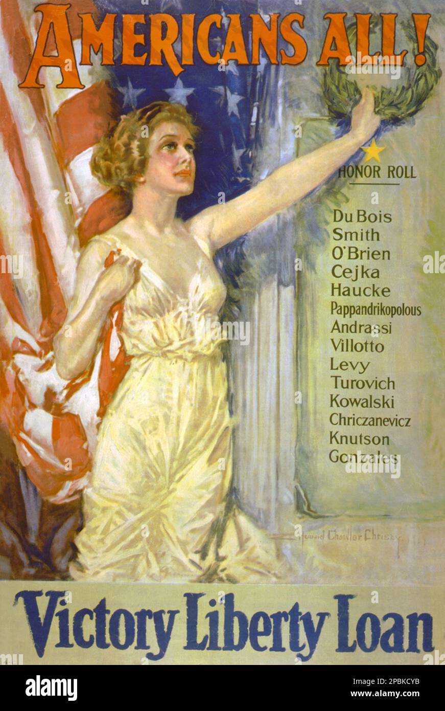 1919 , USA : das amerikanische Propagandaposter ' Amerikaner alle ! Victory Liberty Loan " des Künstlers HOWARD CHANDLER CHRISTY ( 1873 - 1952 ) , gedruckt von Forbes , Boston . Allmorische weibliche Gestalt Amerikas, die vor der amerikanischen Flagge steht, mit Kranz über " Honor Roll ", bestehend aus Nachnamen verschiedener ethnischer Gruppen. - BUONI DI GUERA - KRIEGSANLEIHEN - ERSTER WELTKRIEG - WW - GRANDE GUERRA - GROSSER KRIEG - PRIMA GUERRA MONDIALE - foto storiche storica - locandina - Poster - Einschreiben - ESERCITO - Corona d' alloro - laurum - Illustration - illustrazione - GESCHICHTSFOTOS - Manifest - AFFIC Stockfoto