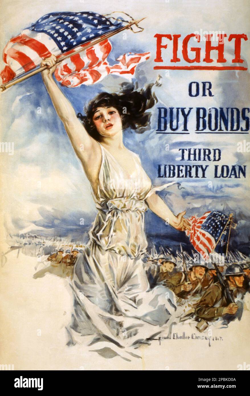 1917 , USA : das amerikanische Propagandaposter " Fight or Buy Bonds -- Third Liberty Loan " des Künstlers HOWARD CHANDLER CHRISTY ( 1873 - 1952 ) - BUONI DI GUERA - KRIEGSANLEIHEN - ERSTER WELTKRIEG - WW - GRANDE GUERRA - GROSSER KRIEG - PRIMA GUERRA MONDIALE - foto storiche storica - locandina - Poster - ESERCITO - MARINA - NAVY - Illustration - illustrazione - GESCHICHTSFOTOS - Manifest - AFFICHE - CARTELLONE - CARTELLONISMO - ARTE - ARTS - Divisa uniforme militare - marinaio - Militäruniform - amerikanische Flaggensterne und -Streifen - bandiera USA ---- Archivio GBB Stockfoto