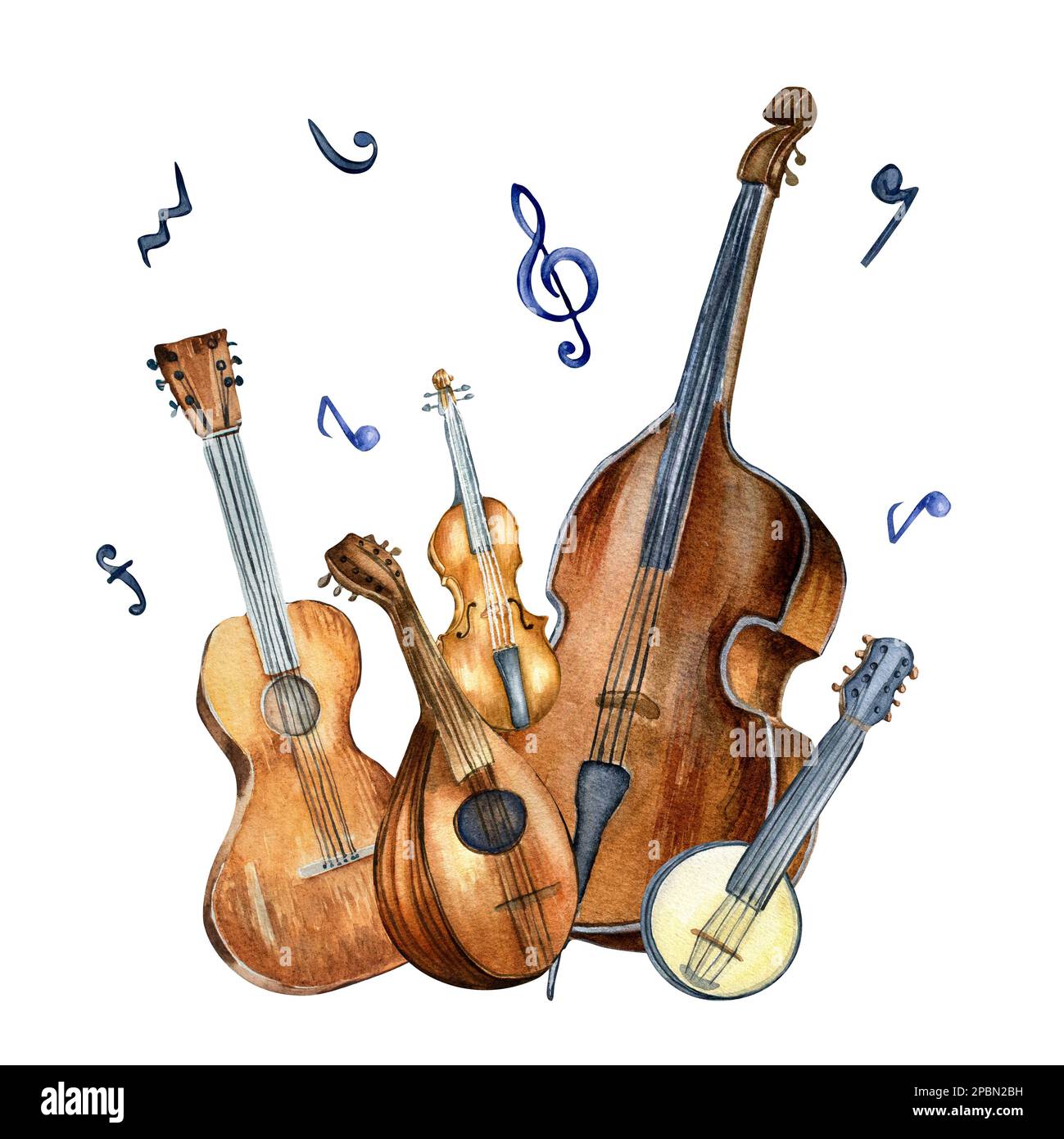 Gitarre, Geige, Kontrabass und Banjo, Mandoline Aquarell Illustration isoliert. Ein Satz handgezogener Saiteninstrumente. Entwurfselement für f Stockfoto