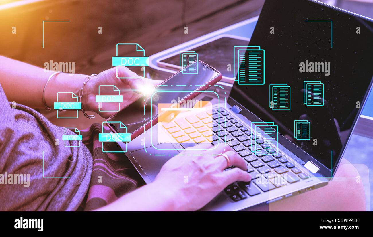 Konzept : Dokumentenmanagementsystem , Ordner- und Dokumentsymbol-Software, Durchsuchen und Verwalten von Dateien Online-Dokumentendatenbank, für effizientes archivi Stockfoto