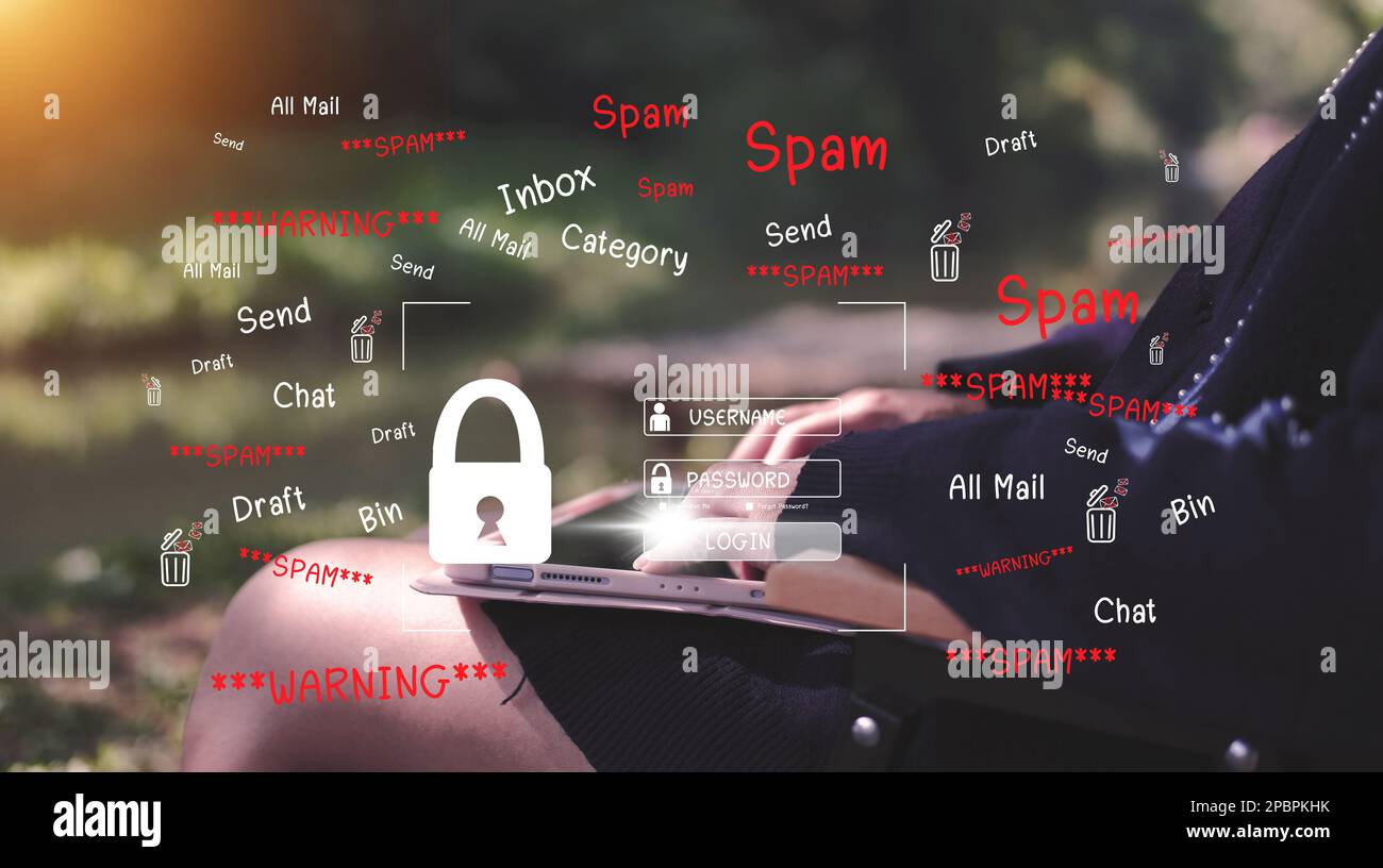 Das Konzept von E-Mail und Computerviren. Sehen Sie sich die Konzepte von Internetsicherheit, Spam und E-Marketing auf dem Bildschirm an. Popup-Warnungen in Spam-E-Mails. Stockfoto