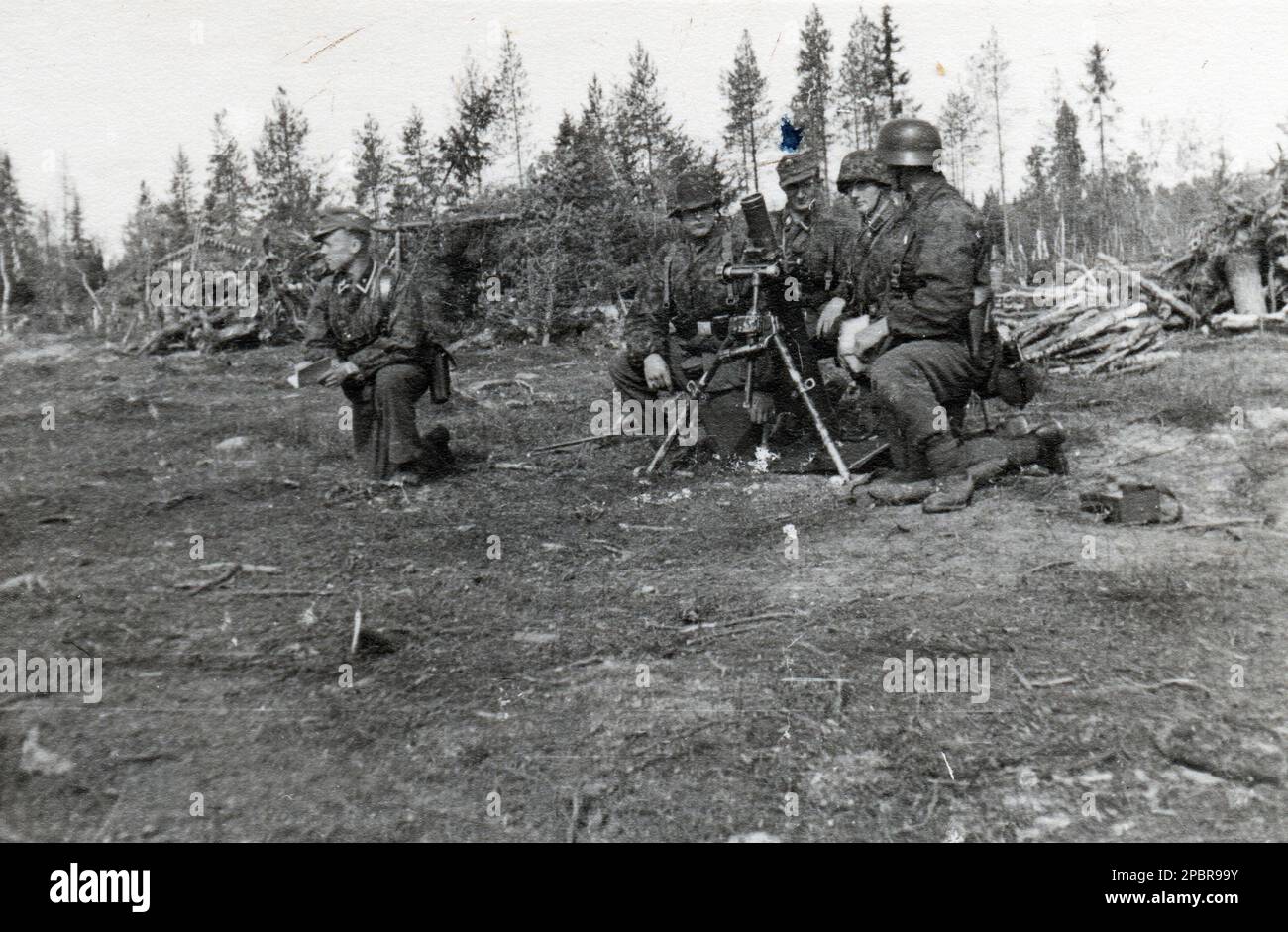 2. Weltkrieg B&W Foto deutscher Soldaten in Camo Smocks mit einem 8cm-Mörtel auf dem nördlichen Sektor der russischen Front 1942. Dies ist ein Privatfoto, aufgenommen von einem Mitglied der SS Mountain Division 6., Teil der Army Group North Stockfoto