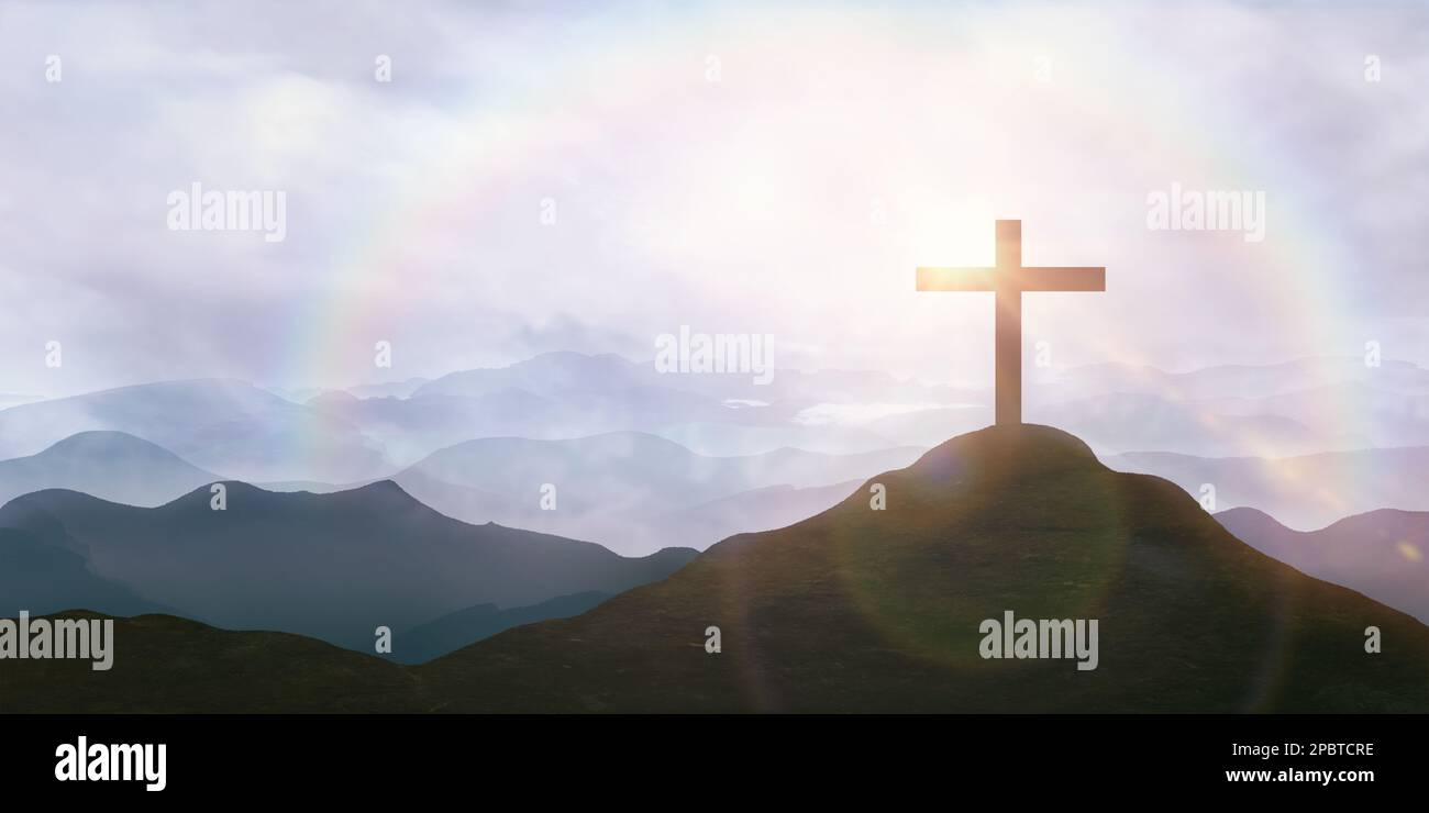 jesus Cross Silhouette, Sonnenuntergang Himmel ostern Hintergrund, Berglandschaft, Regenbogenwolke, Glaube und Hoffnung Stockfoto