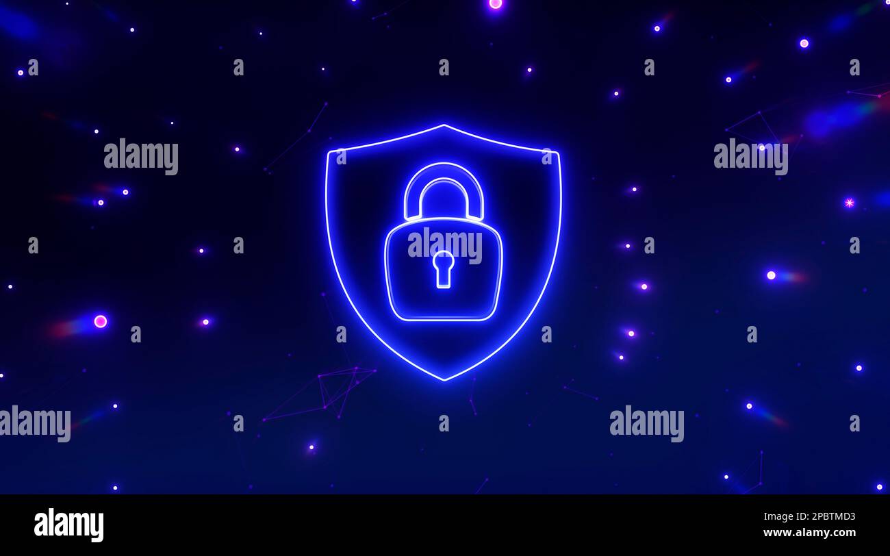 Vorhängeschloss in Neon. Konzept des Datenschutzes, Cybersicherheitstechnologie. 3D Abbildung. Stockfoto