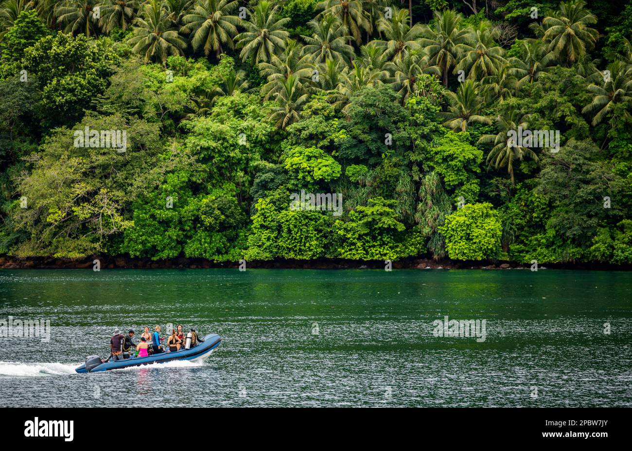 Mit dem Motorboot erkunden Sie den Dschungel einer kleinen Insel im Banda-Meer Stockfoto