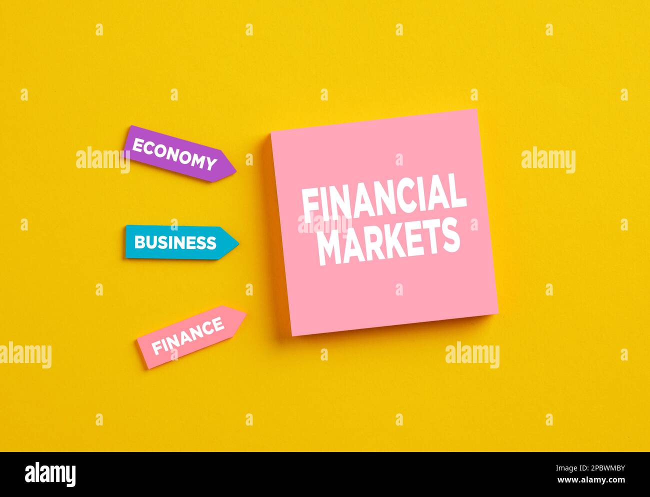 Das Wort Finanzmärkte auf rosa Notizzetteln. Aktienmarktdeterminanten, Analysen und Konzept für den Gewinn von Finanzinvestitionen. Stockfoto