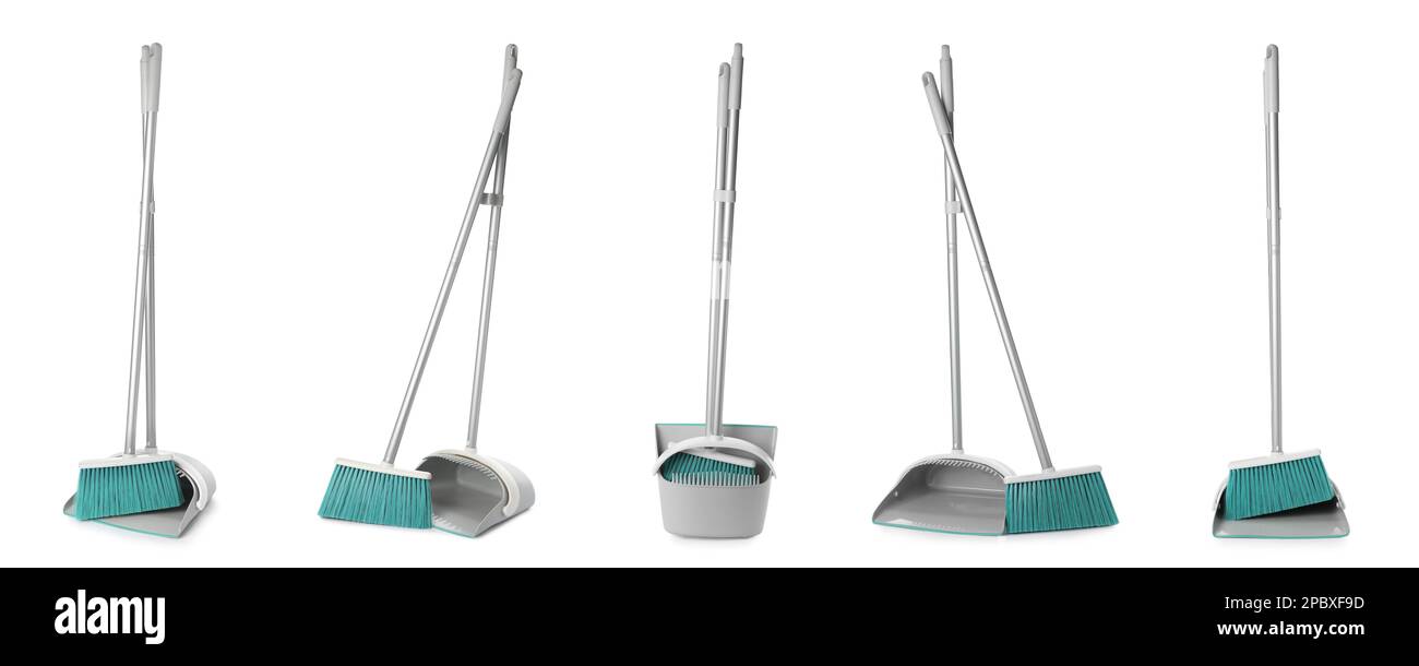 Set mit Besen und Kehrschaufeln aus Kunststoff auf weißem Hintergrund. Bannerdesign Stockfoto