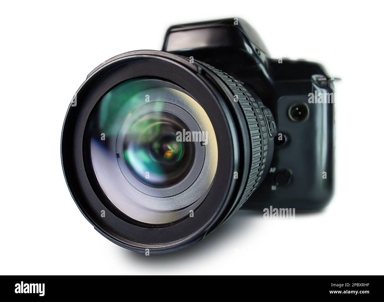 Kamera und Fotoobjektiv isoliert auf weißem Hintergrund Nahaufnahme Stockfoto