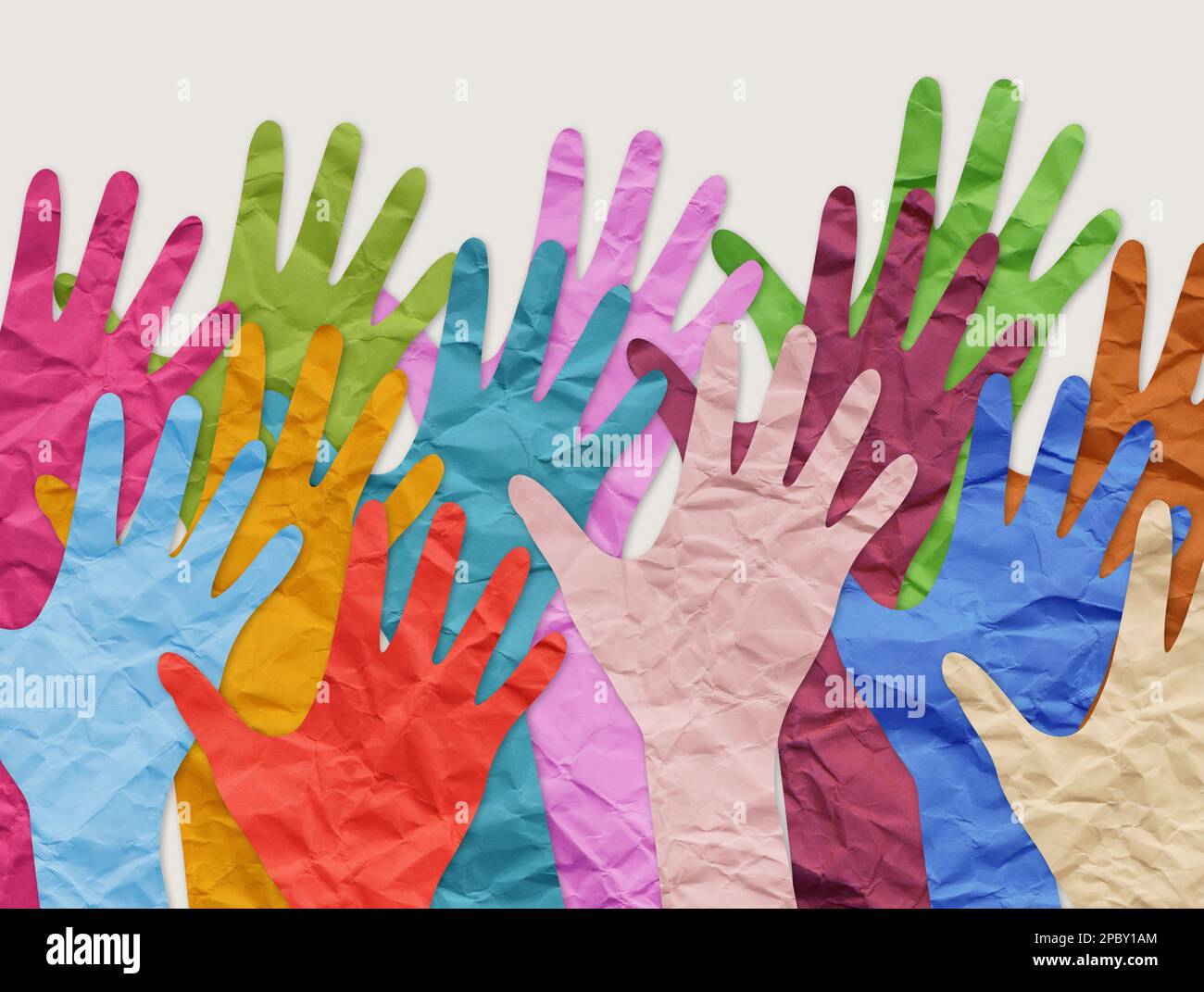 Collage aus bunten Papierhänden als Symbol für Vielfalt und Einbeziehung. Stockfoto